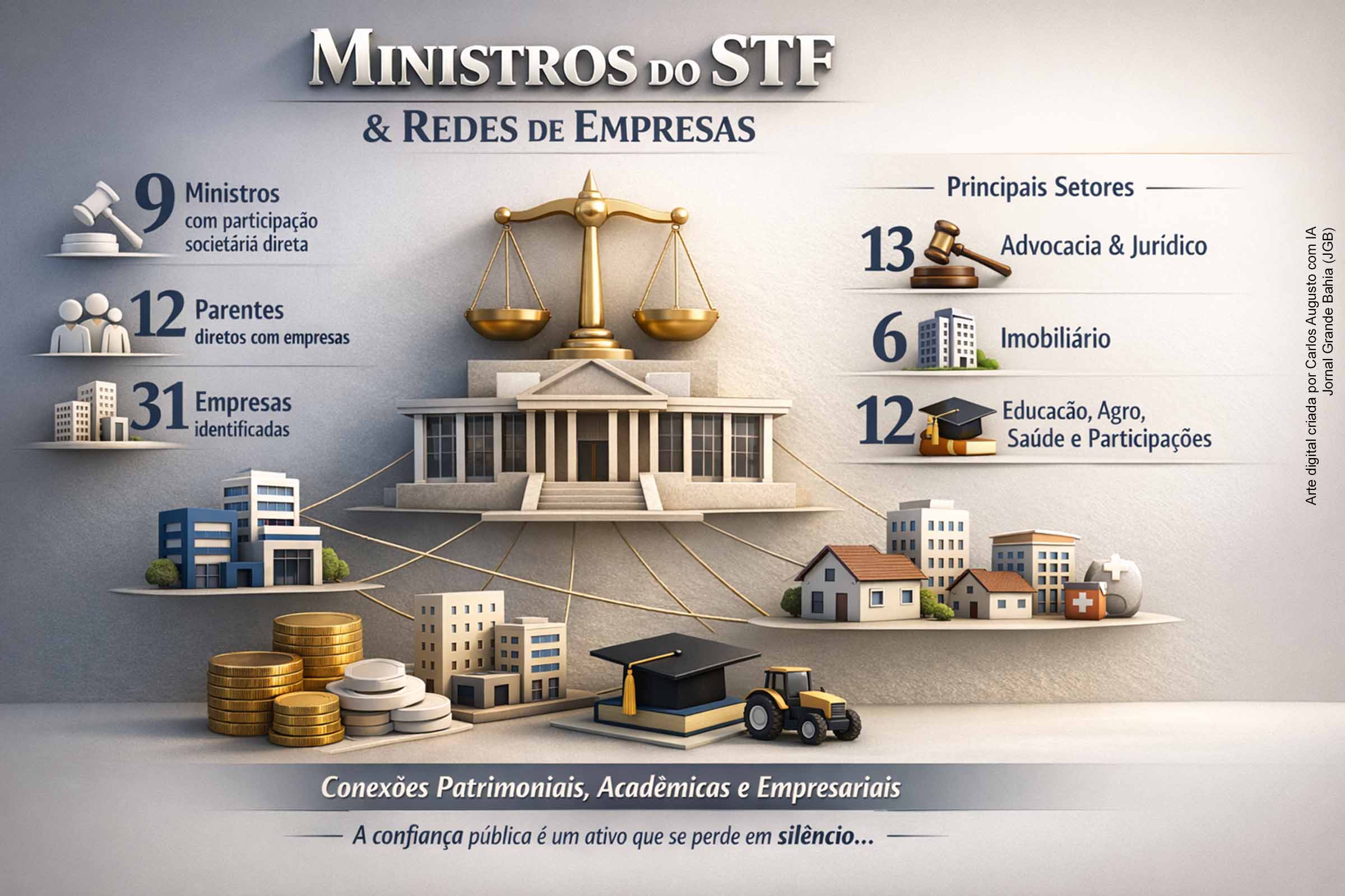 Levantamento aponta que nove ministros do STF e 12 familiares mantêm participação em ao menos 31 empresas, principalmente escritórios de advocacia, institutos jurídicos e companhias imobiliárias. A legislação permite a participação societária, desde que magistrados não exerçam funções de gestão. Apesar da legalidade, os vínculos empresariais geram questionamentos sobre possíveis conflitos de interesse, especialmente após o afastamento de Dias Toffoli de processo relacionado a empresa com a qual mantinha ligação indireta.