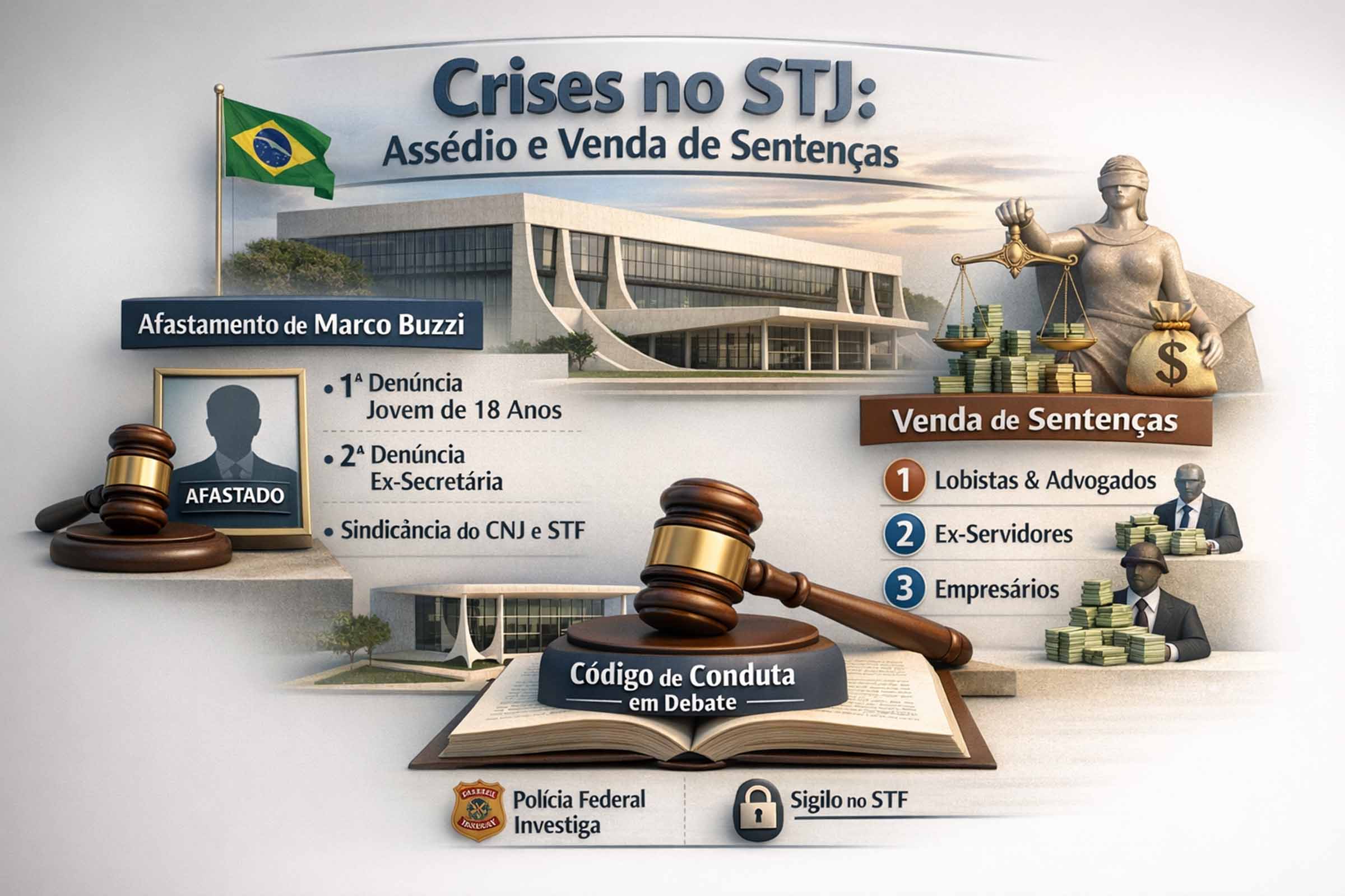 O STJ enfrenta duas crises simultâneas: o afastamento do ministro Marco Buzzi após denúncias de assédio sexual e a investigação sobre um suposto esquema de venda de sentenças envolvendo servidores, advogados e empresários. Os episódios ocorrem em meio ao debate, no STF, sobre a criação de um código de conduta para magistrados. O cenário expõe fragilidades institucionais e pressiona o Judiciário por medidas de transparência e responsabilização.