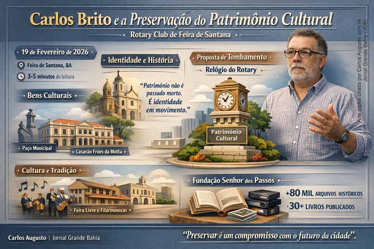 Secretário Carlos Brito defende preservação do patrimônio cultural em palestra no Rotary Club de Feira de Santana e propõe tombamento do Relógio do Rotary