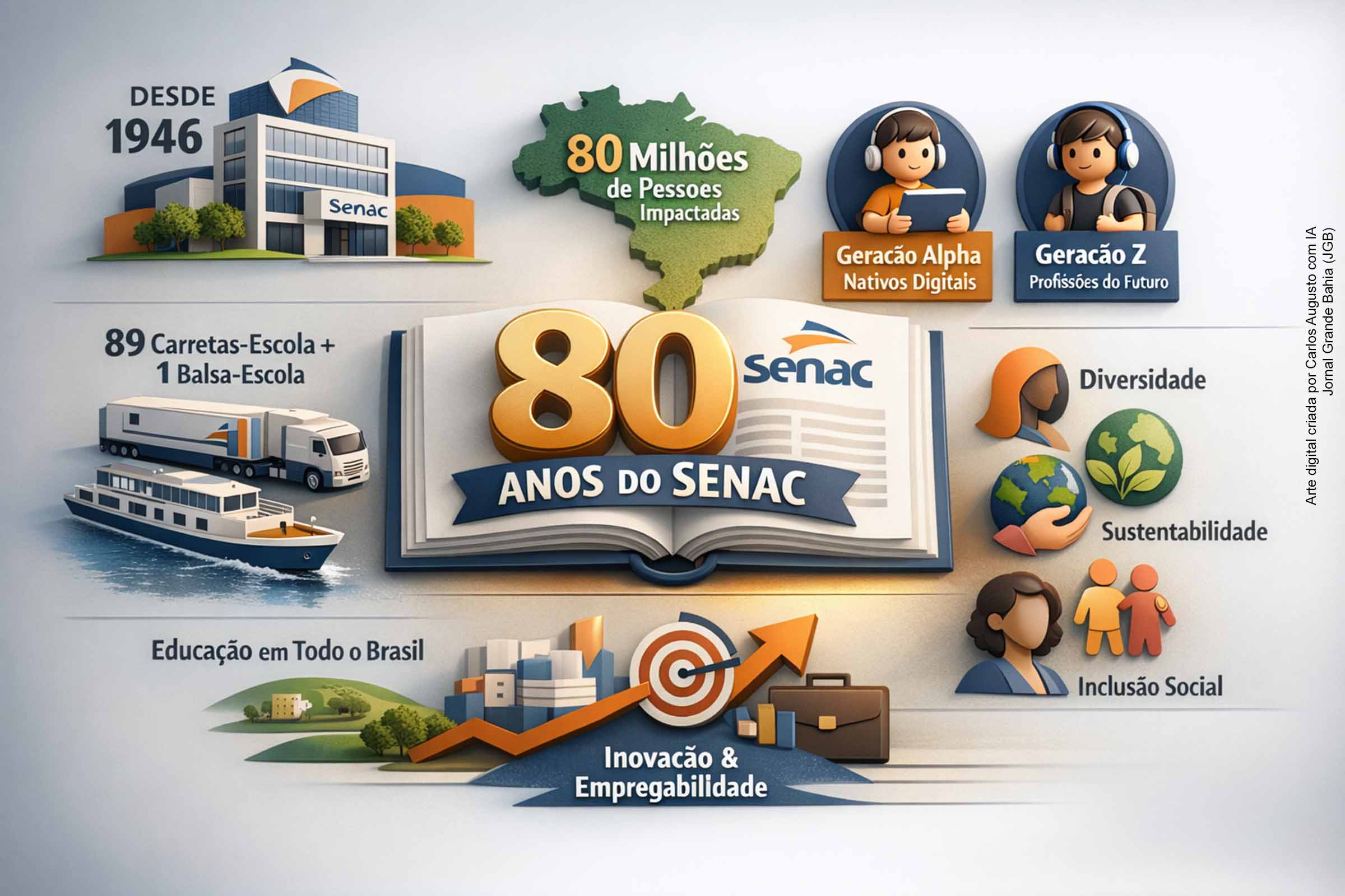 O Senac celebra 80 anos com uma edição especial da Revista Senac Brasil, que revisita sua trajetória desde 1946, destaca o impacto em mais de 80 milhões de pessoas e analisa os desafios do futuro do trabalho. A publicação aborda as gerações Alpha e Z, a expansão das unidades móveis e iniciativas de inclusão social, reafirmando o papel da instituição como referência nacional em educação profissional.