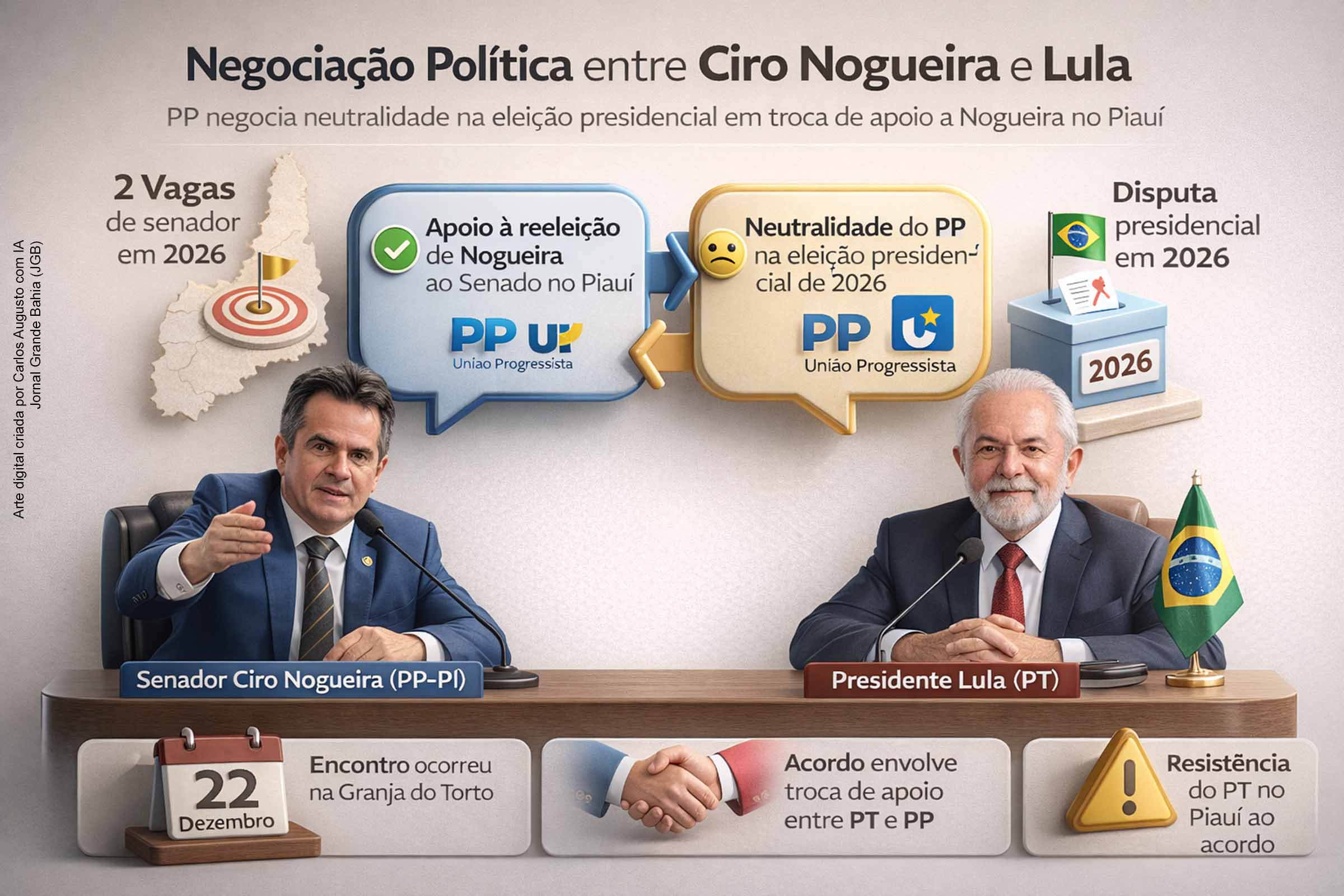 Encontro entre o presidente Luiz Inácio Lula da Silva e o senador Ciro Nogueira ocorreu na Granja do Torto, em Brasília, no dia 22 de dezembro de 2025, com participação do presidente da Câmara, Hugo Motta, em meio a articulações eleitorais no Piauí.