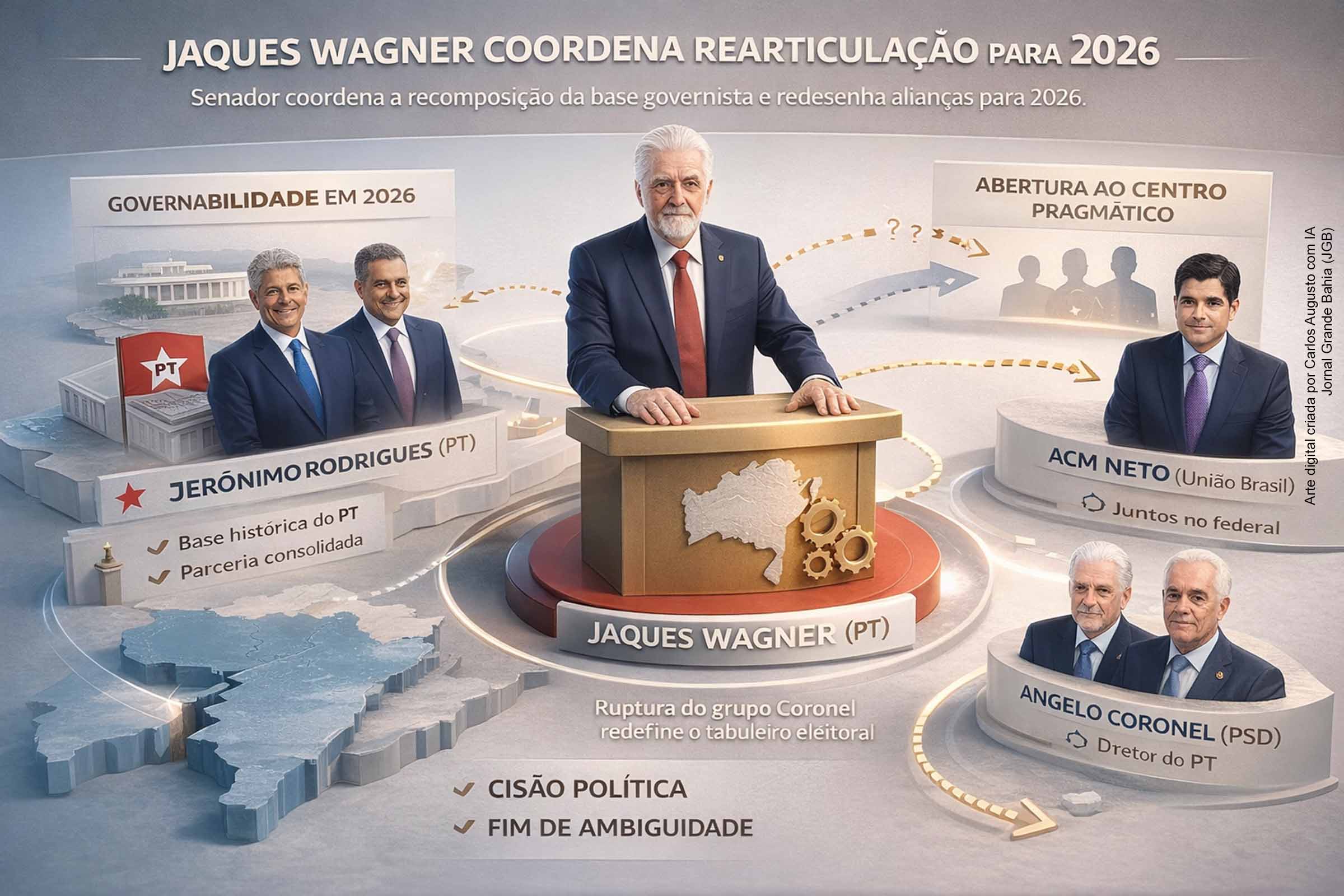 Movimentação do senador Jaques Wagner ganha centralidade após a saída do grupo Angelo Coronel da base governista e reabre negociações sobre alianças e Senado em 2026.