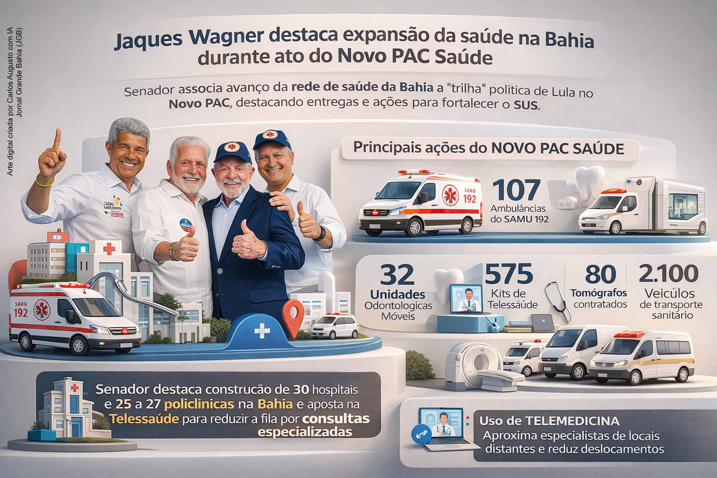 Em Salvador, na sexta-feira (06/02/2026), o senador Jaques Wagner afirmou que a trajetória política do grupo que governa a Bahia segue uma “trilha” associada a Lula, ao discursar na cerimônia do Novo PAC Saúde. O evento anunciou e entregou ações para fortalecer o SUS, incluindo 107 ambulâncias do SAMU, unidades odontológicas móveis, kits de telessaúde e contratos para tomógrafos e transporte sanitário, com foco em reduzir filas e deslocamentos.