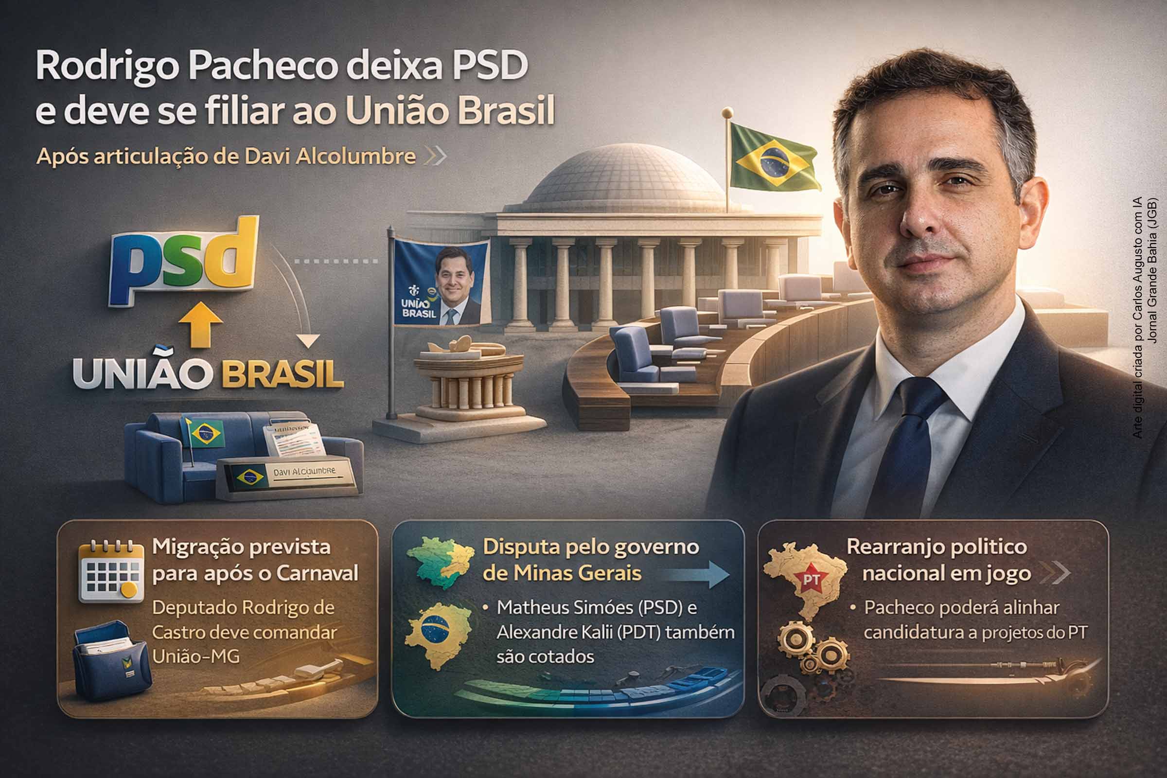 O senador Rodrigo Pacheco deve deixar o PSD e se filiar ao União Brasil após articulação liderada por Davi Alcolumbre. A mudança ocorre em meio à disputa pelo governo de Minas Gerais e à estratégia nacional do PT. Enquanto Lula vê Pacheco como nome competitivo, setores do partido discutem apoio a Alexandre Kalil, do PDT, evidenciando tensões e indefinições na base governista.