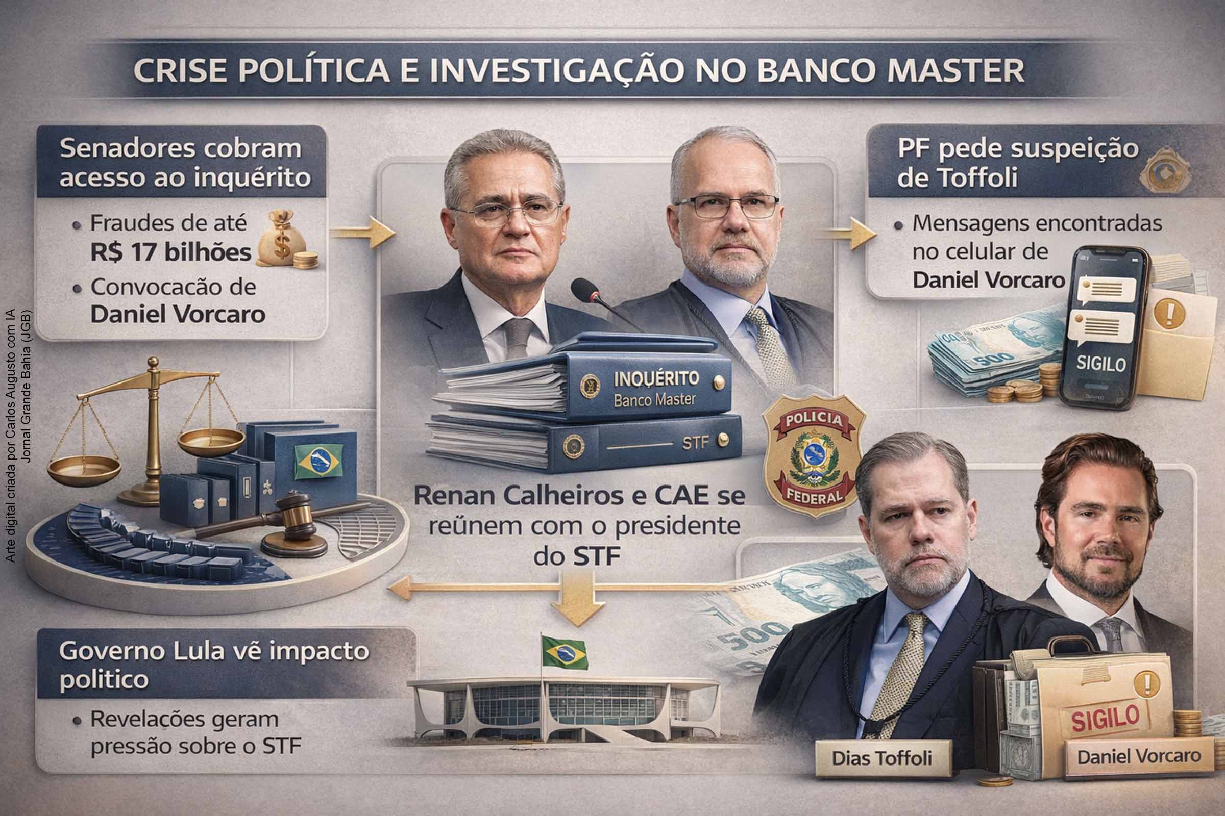 Suprema Corrupção: Senadores cobram acesso ao inquérito do Banco Master, Governo Lula vê impacto político nas revelações e PF pede suspeição de Toffoli após mensagens no celular de Vorcaro