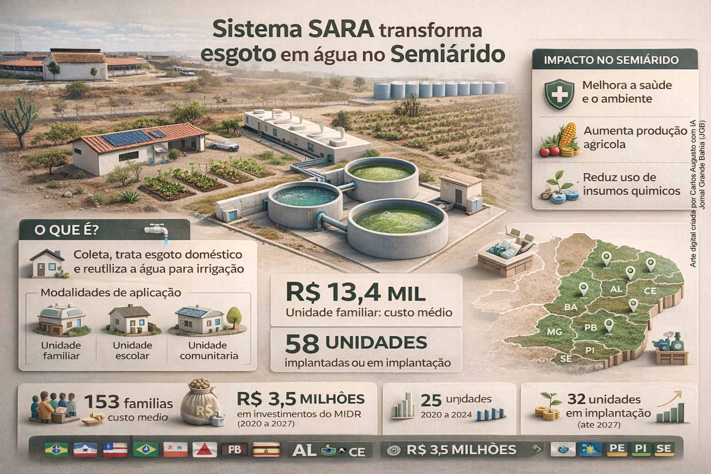 O Sistema SARA transforma esgoto doméstico em água para irrigação agrícola, unindo saneamento rural e segurança hídrica no Semiárido brasileiro. Implantado em oito estados, o programa já atende 153 famílias e 586 alunos, com unidades familiares, escolares e comunitárias. A tecnologia reduz doenças, melhora o ambiente e aumenta a produtividade agrícola, com custo médio de R$ 13,4 mil por família e projetos de expansão até 2027.