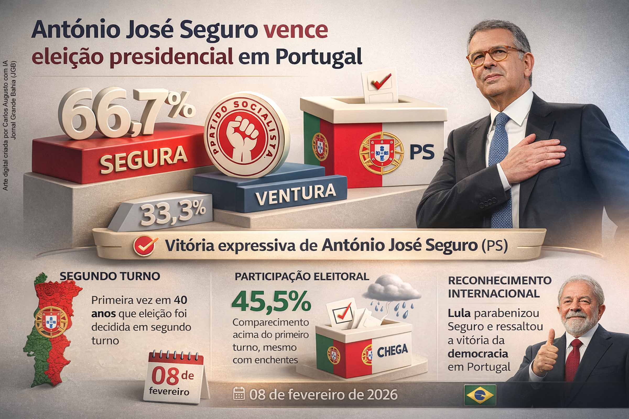 António José Seguro venceu o segundo turno das eleições presidenciais portuguesas em 08/02/2026, derrotando André Ventura por ampla margem. A disputa foi marcada por polarização política e por chuvas intensas que afetaram a votação em algumas regiões. O resultado teve repercussão internacional, com felicitações do presidente Lula e nota oficial do PT, destacando a vitória como um marco para a democracia e para as relações bilaterais.