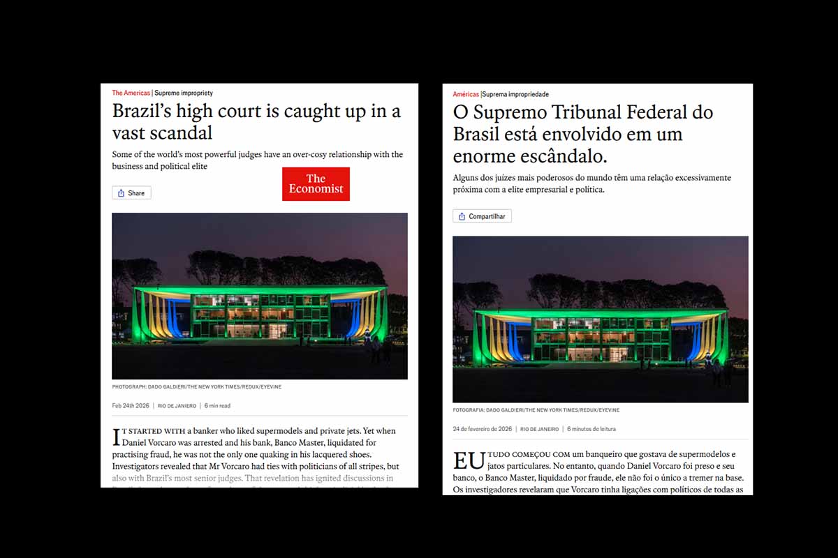 Reportagem da revista britânica The Economist, publicada em 24 de fevereiro de 2026, aponta a existência de um “vasto escândalo” envolvendo relações entre ministros do STF e o Banco Master, de propriedade do banqueiro Daniel Vorcaro. A matéria cita episódios envolvendo os ministros Dias Toffoli e Alexandre de Moraes, ampliando o debate sobre imparcialidade judicial. O caso gera repercussão política, fortalece discussões no Senado e intensifica o escrutínio internacional sobre o sistema institucional brasileiro.