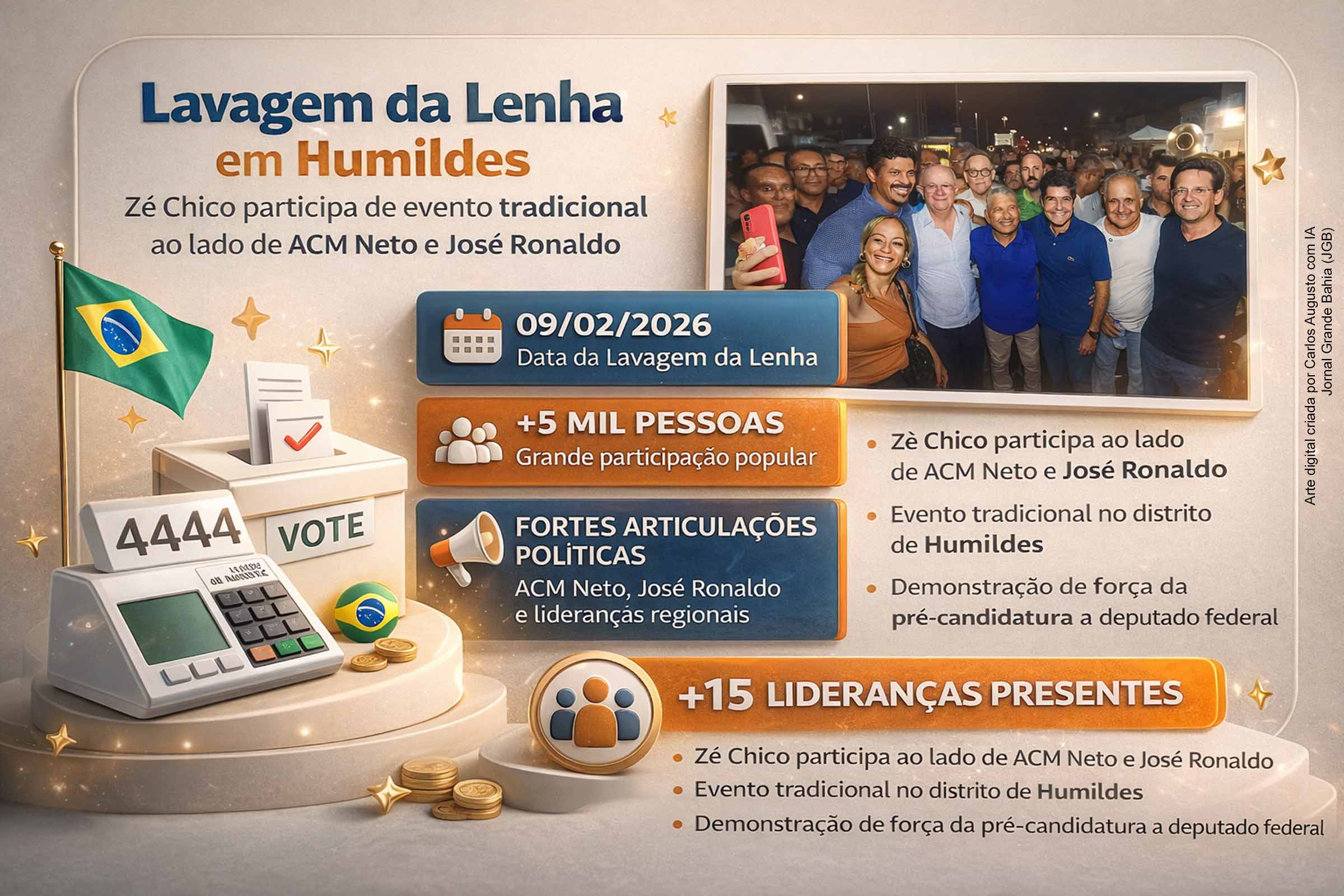 A Lavagem da Lenha, realizada em Humildes, distrito de Feira de Santana, reuniu grande público, lideranças políticas e manifestações de apoio ao pré-candidato a deputado federal Zé Chico. Ao lado de ACM Neto e do prefeito José Ronaldo, ele participou do cortejo e destacou o simbolismo da tradição local. O evento reforçou articulações políticas e projeção eleitoral no município.