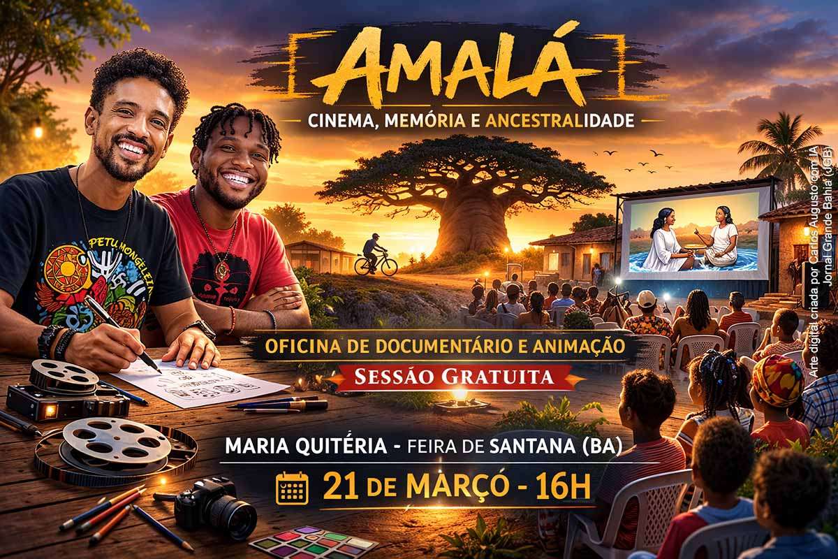 Maria Quitéria, distrito de Feira de Santana, receberá no sábado, 21 de março de 2026, uma programação gratuita com oficina de documentário e animação e exibição do filme Amalá. A obra, assinada por Gean Almeida e Rodrigo Araújo, aborda memória, ancestralidade, justiça e violência estrutural. A atividade reforça a circulação do cinema baiano em espaços comunitários e amplia o acesso à formação audiovisual fora dos circuitos tradicionais.