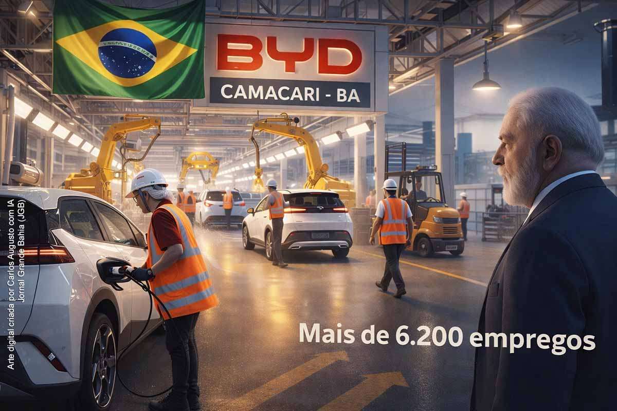 BYD inicia segundo turno na fábrica de Camaçari (BA), amplia produção de veículos eletrificados e anuncia novas contratações. Complexo industrial pode gerar quase 10 mil empregos diretos e indiretos com expansão da planta automotiva na Bahia.