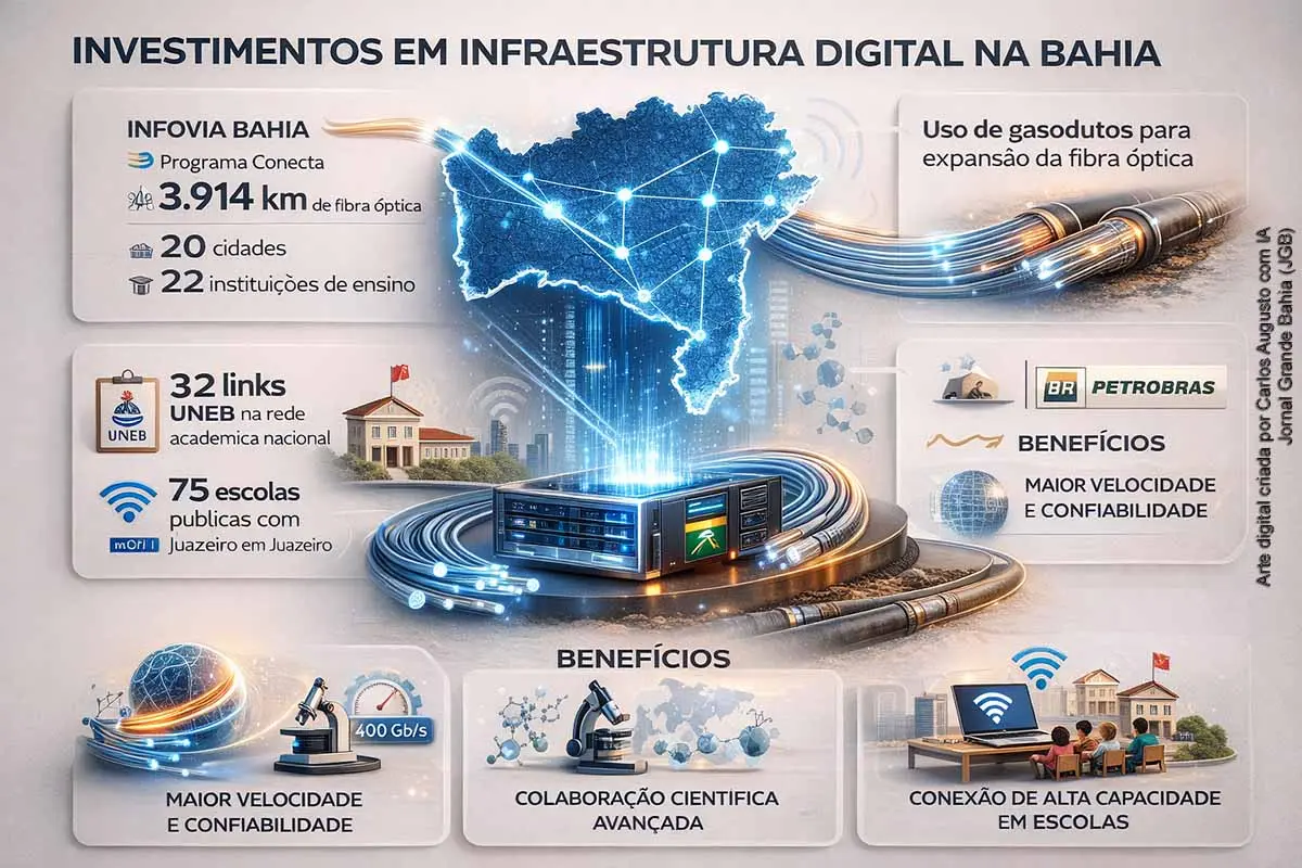 A Bahia recebe investimentos para ampliar sua infraestrutura digital voltada à educação, ciência e inovação. Projetos conduzidos pela Rede Nacional de Ensino e Pesquisa (RNP), em parceria com o MCTI, incluem a implantação da Infovia Bahia, com quase 4 mil km de fibra óptica, a conexão da Uneb à rede acadêmica nacional e iniciativas de conectividade em escolas e municípios. As ações buscam fortalecer a pesquisa científica, reduzir desigualdades digitais e integrar o estado às redes globais de conhecimento.
