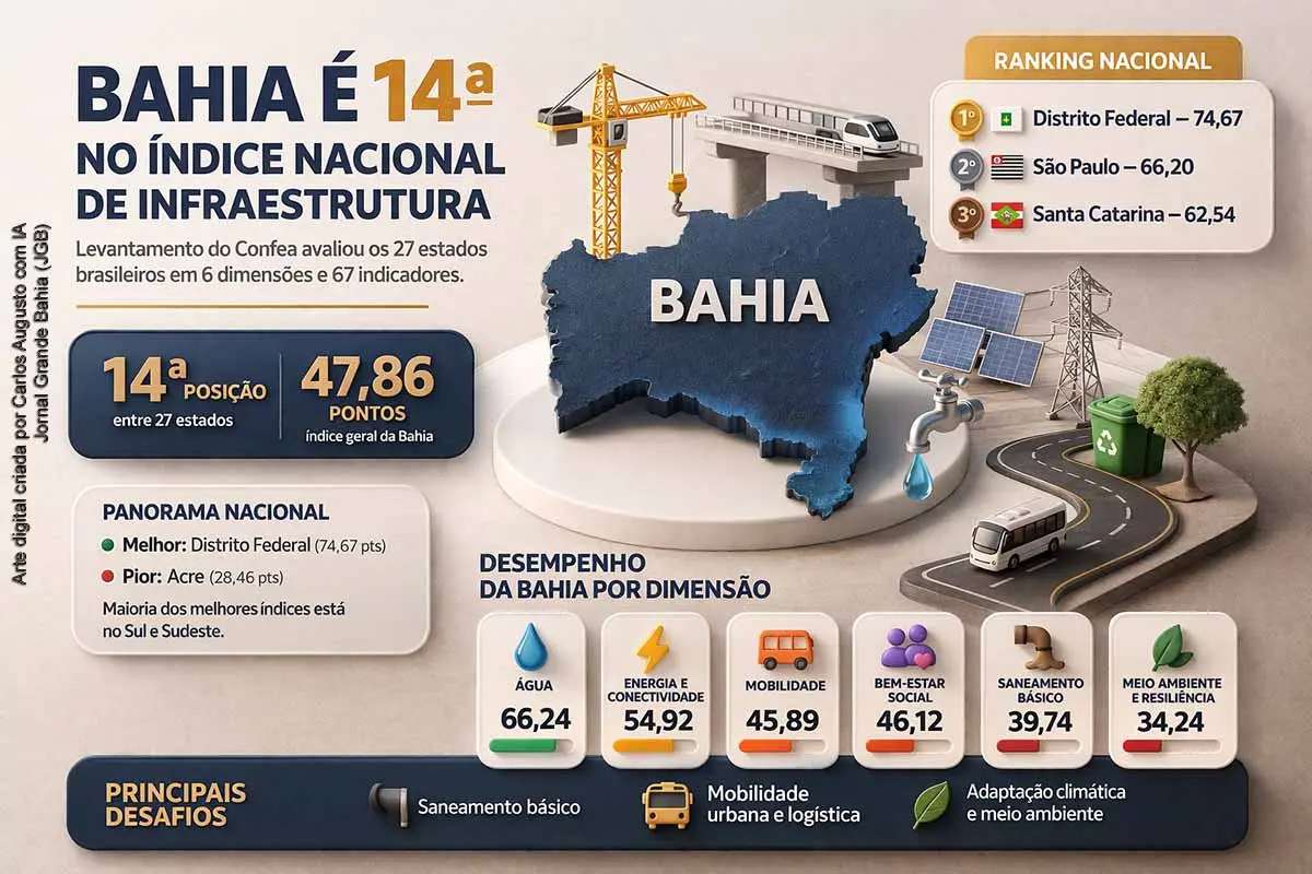 O Infra-BR, índice nacional lançado pelo Confea, coloca a Bahia na 14ª posição entre os estados brasileiros, com 47,86 pontos. O levantamento avalia infraestrutura em seis dimensões e 67 indicadores. O estado apresenta melhor desempenho em água, energia e conectividade, mas enfrenta desafios em saneamento básico, mobilidade e meio ambiente. A plataforma busca orientar investimentos públicos e ampliar a transparência no planejamento de infraestrutura no país.