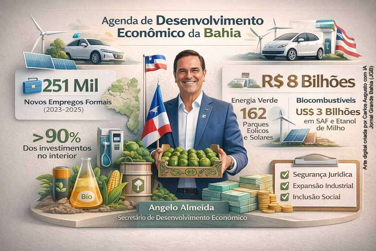 Na quinta-feira (26/03/2026), em Salvador, o secretário Angelo Almeida apresentou o balanço da política de desenvolvimento econômico da Bahia entre 2023 e 2025. O governo destacou 251.028 empregos formais, expansão da economia verde, projetos bilionários em SAF e etanol de milho, fortalecimento da segurança jurídica e a previsão de que mais de 90% dos investimentos sejam implantados no interior, com foco em industrialização, transição energética e redução das desigualdades regionais.