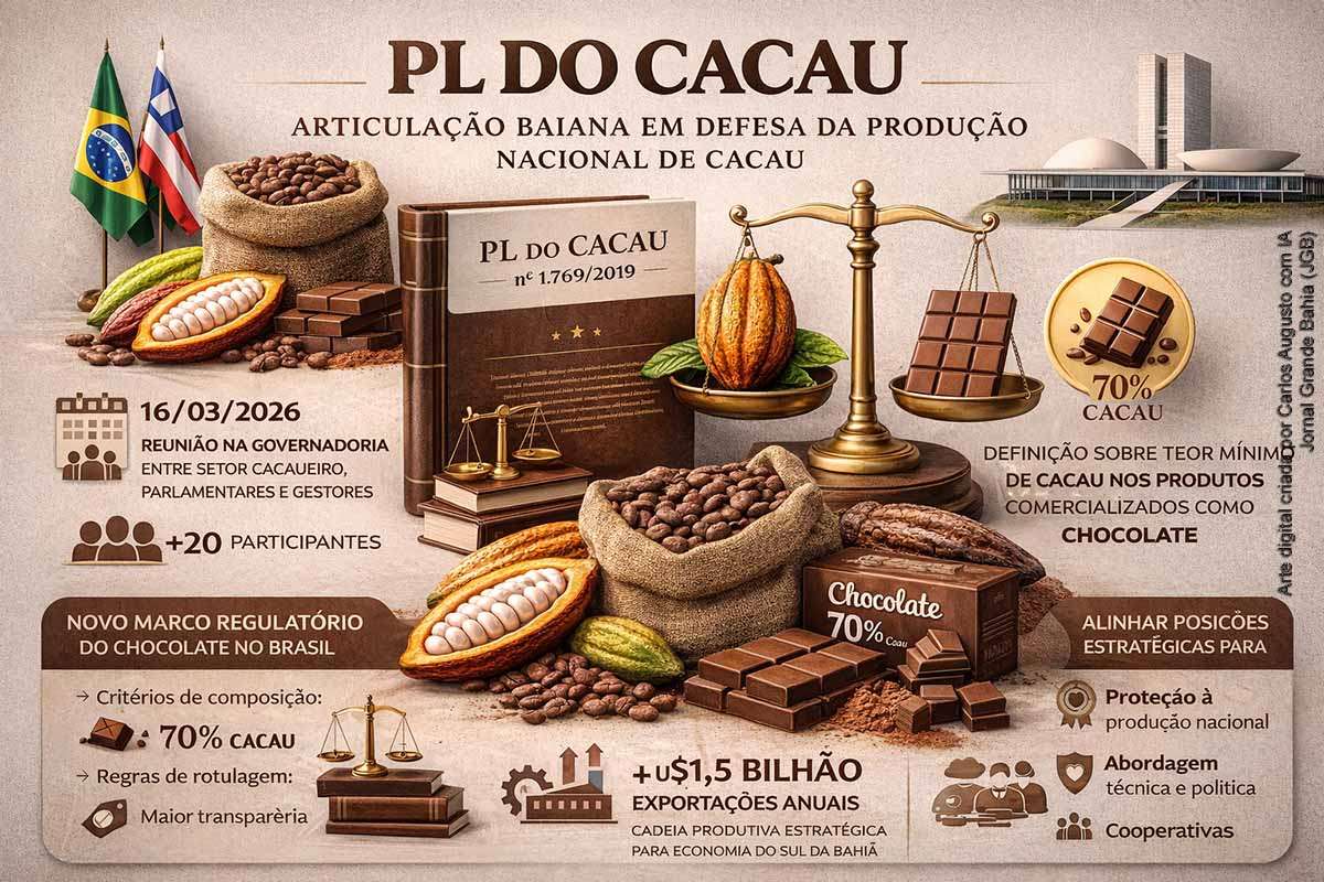 Salvador, Bahia — segunda-feira (16/03/2026): reunião na Governadoria com representantes da cadeia produtiva do cacau, parlamentares e gestores estaduais objetivou alinhar estratégias em defesa do PL do Cacau no Congresso Nacional.