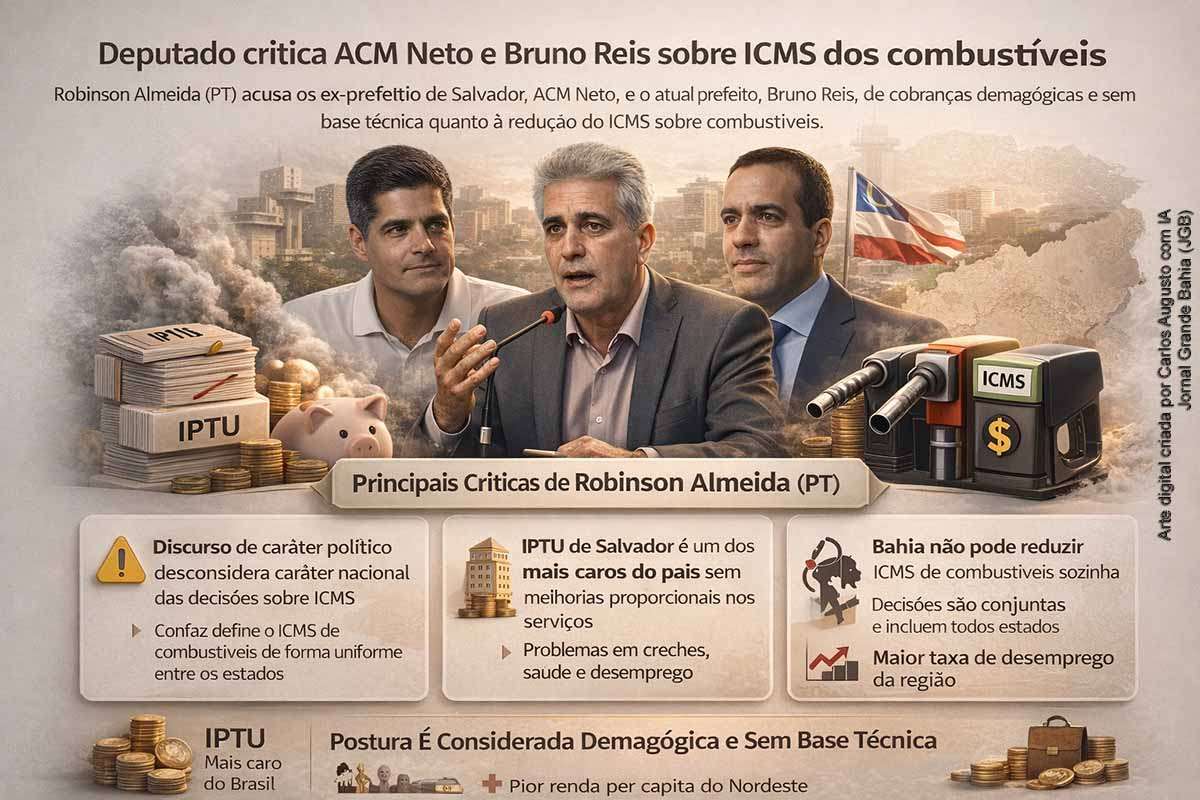 O deputado Robinson Almeida criticou ACM Neto e Bruno Reis por cobranças sobre a redução do ICMS dos combustíveis, afirmando que a medida depende de decisão nacional. O parlamentar também questionou a política tributária adotada em Salvador, citando o aumento do IPTU e problemas em serviços públicos. O episódio reflete a disputa política em torno de temas fiscais e evidencia a complexidade do sistema tributário brasileiro.