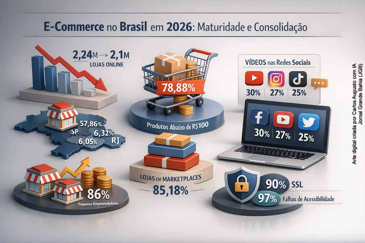 O e-commerce brasileiro registrou, em 2026, sua primeira queda no número de lojas virtuais desde 2014, sinalizando maturidade e consolidação do setor. O mercado torna-se mais competitivo, digital e concentrado, com predominância de pequenos empreendedores e foco em produtos de baixo valor. Marketplaces e vídeo ganham protagonismo, enquanto segurança avança e acessibilidade permanece como desafio estrutural.