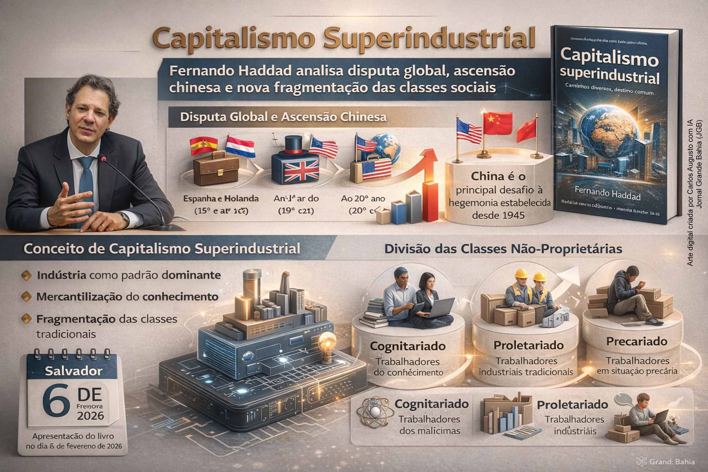 No livro “Capitalismo superindustrial”, Fernando Haddad analisa a evolução do capitalismo em escala mundial, reinterpreta a experiência soviética e aponta a China como principal desafio à hegemonia dos Estados Unidos. O autor propõe o conceito de capitalismo superindustrial, marcado pela mercantilização do conhecimento e pela fragmentação das classes sociais, defendendo a necessidade de novos projetos políticos diante das transformações tecnológicas e econômicas.