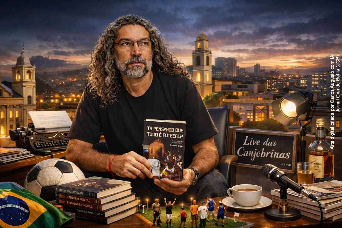 Franciel Cruz lança o livro “Tá Pensando Que Tudo é Futebol?” em Feira de Santana e Irará nos dias 06 e 07 de março de 2026. A obra, recomendada por Wagner Moura e Juca Kfouri, reúne crônicas que utilizam o futebol como eixo para discutir política, religião e comportamento social. Os eventos ocorrerão em formato de talkshow, conduzidos por Roberto Martins, integrando literatura e debate cultural no Portal do Sertão.