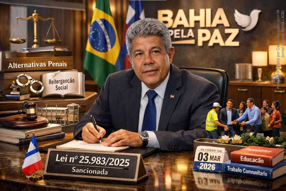 Sancionada em 03/03/2026, a Lei nº 25.983/2025 institui a Política Estadual de Alternativas Penais na Bahia, priorizando penas alternativas para crimes sem violência e com até quatro anos de reclusão. Aprovada por unanimidade na Assembleia Legislativa, a norma integra o programa Bahia Pela Paz, prevê quatro eixos estruturantes e alinha o Estado ao Plano Pena Justa, com foco na redução da reincidência e no uso racional do sistema prisional.