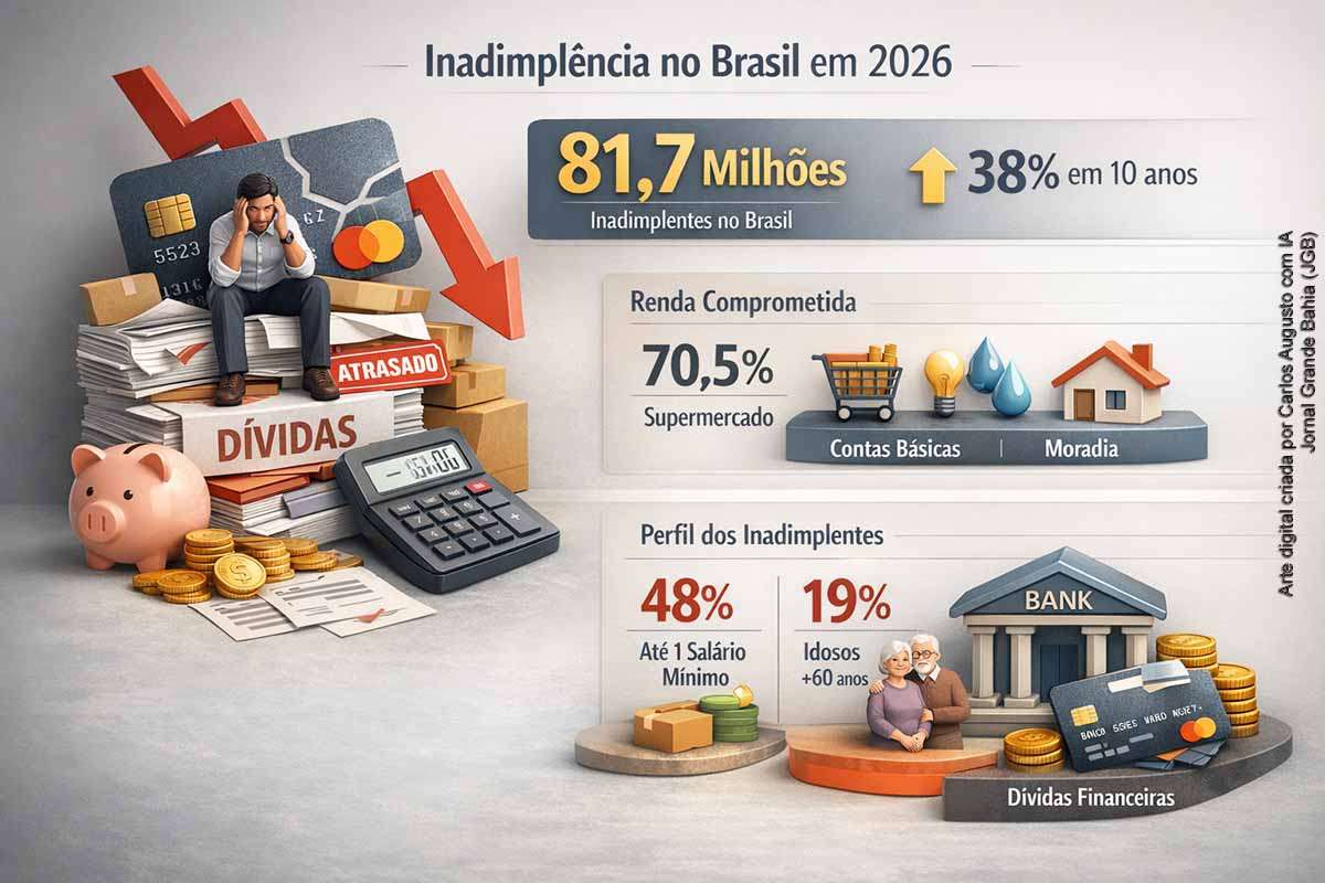 O Brasil atingiu 81,7 milhões de inadimplentes em fevereiro de 2026, crescimento de 38% em dez anos. O aumento do custo de vida, o comprometimento de 70,5% da renda e a predominância de dívidas financeiras pressionam as famílias. Mulheres e idosos ganham maior participação entre os negativados. Mesmo com queda gradual dos juros, especialistas apontam que o cenário deve permanecer crítico ao longo do ano.