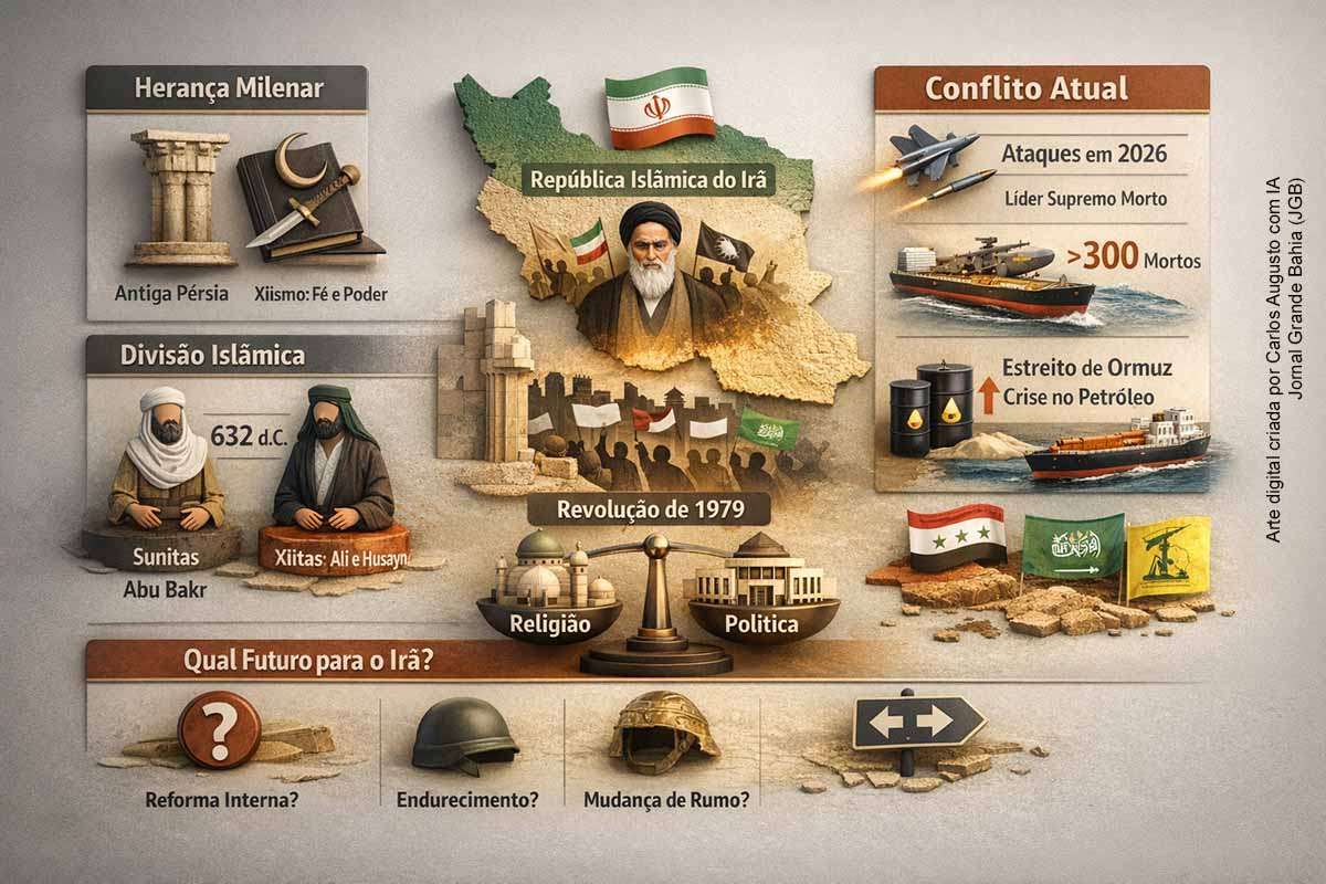 Irã enfrenta escalada militar após ataques de EUA e Israel em 2026, enquanto sua longa trajetória histórica — da Pérsia antiga à República Islâmica — molda identidade, política e resistência.