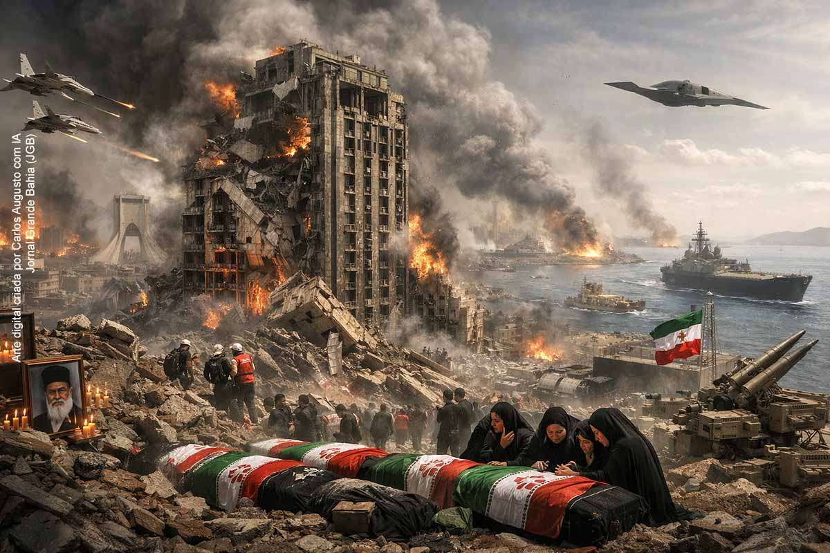 Teerã (Irã), terça-feira (03/03/2026): fumaça e destruição em área atingida por bombardeios, em meio à nova onda de ataques israelenses e à escalada militar envolvendo EUA e Irã.