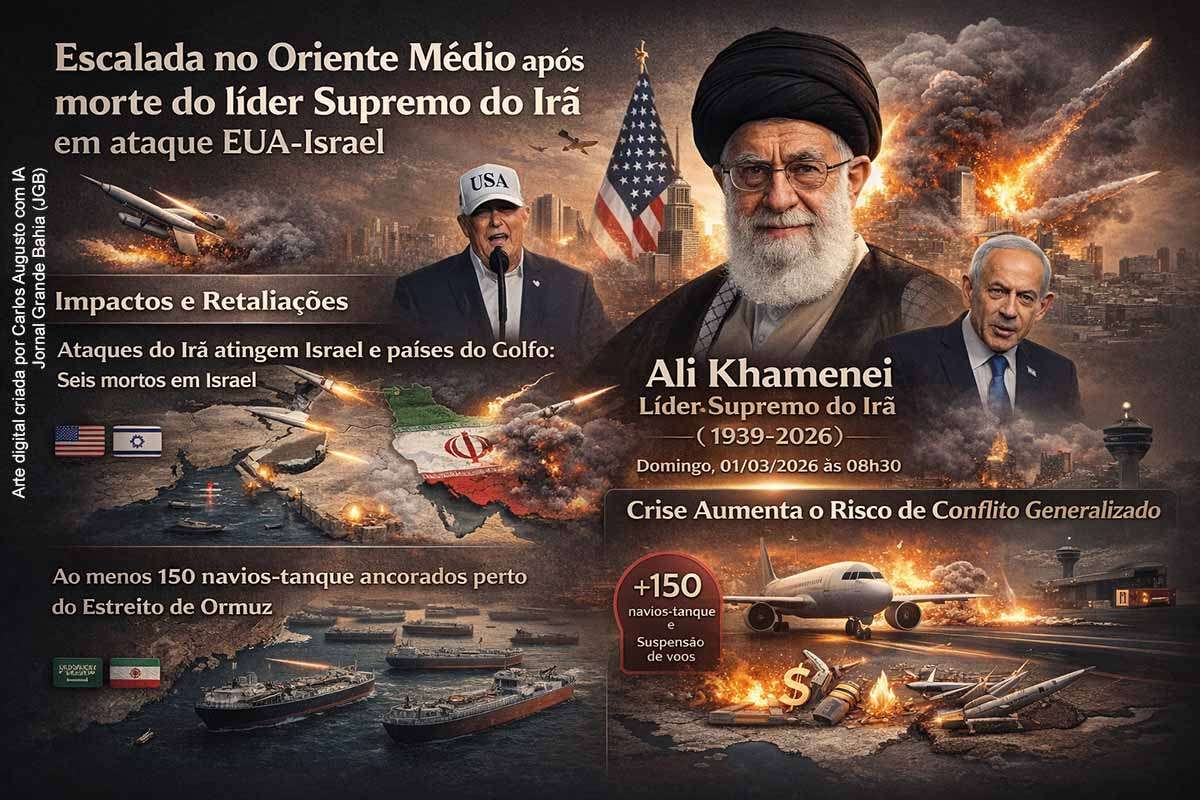 A confirmação da morte de Ali Khamenei neste domingo (01/03/2026) elevou a guerra entre Irã e Israel/EUA a um novo patamar, com ataques israelenses em Teerã e retaliações iranianas que se estenderam a Israel e ao Golfo. Houve mortes em Israel e registro de danos e feridos em países do Golfo. A crise afetou aviação e comércio marítimo, com ao menos 150 navios-tanque ancorados perto do Estreito de Ormuz.