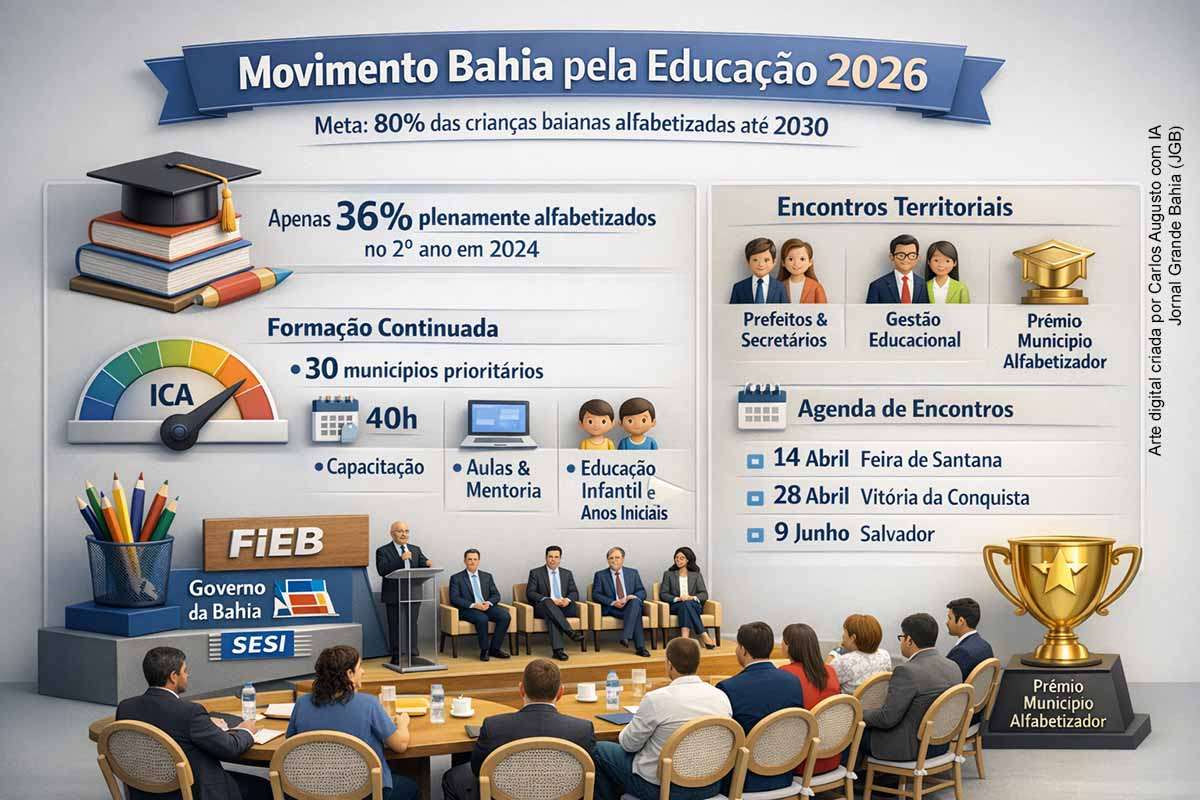 O Movimento Bahia pela Educação retomou suas atividades em 2026 com programas de formação continuada para professores e encontros regionais voltados a gestores educacionais, com etapas previstas em sete cidades baianas, incluindo Feira de Santana em 14 de abril. A iniciativa busca elevar os índices de alfabetização no estado, onde apenas 36% das crianças estavam alfabetizadas ao final do 2º ano em 2024, e alcançar 80% de alfabetização até 2030.