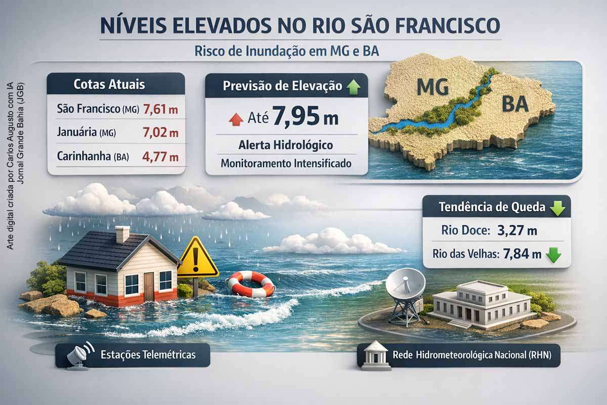 O Serviço Geológico do Brasil informou que os níveis do rio São Francisco seguem acima da cota de alerta e de inundação em municípios de Minas Gerais e Bahia, com tendência de elevação nas próximas horas. Nas bacias dos rios Doce e das Velhas, os níveis ainda estão altos, mas apresentam declínio. O monitoramento integra operação especial do período chuvoso, com dados da Rede Hidrometeorológica Nacional.