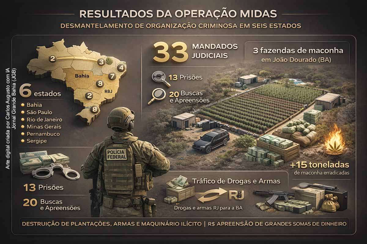 A Operação Midas cumpriu 33 mandados em seis estados e desarticulou uma organização criminosa envolvida com tráfico de drogas, armas e lavagem de dinheiro. A investigação revelou cultivo sofisticado de maconha na Bahia, produção de drogas de alto valor e esquema financeiro estruturado. A ação também expôs desafios como a atuação de lideranças a partir de presídios e a dificuldade de captura em áreas dominadas por facções.