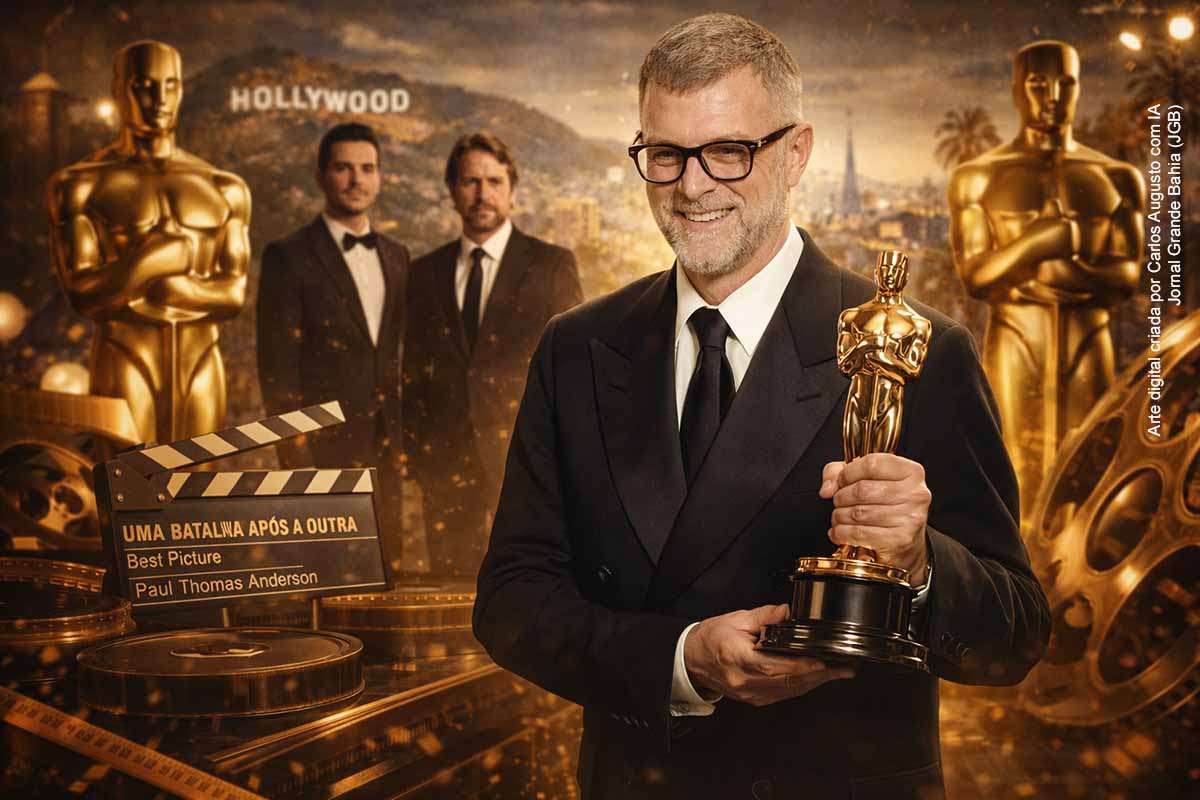 Paul Thomas Anderson exibe a estatueta do Oscar após a vitória de “Uma Batalha Após a Outra”, filme que liderou a 98ª edição da premiação, enquanto o Brasil acompanhava a disputa de “O Agente Secreto” e de artistas brasileiros em categorias de destaque.