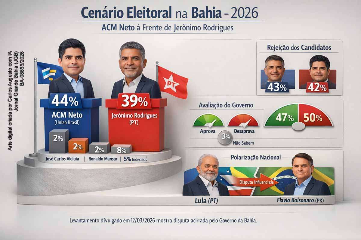 Pesquisa eleitoral estadual divulgada em março de 2026 indica disputa competitiva pelo governo da Bahia. ACM Neto lidera com 44% das intenções de voto, seguido por Jerônimo Rodrigues com 39%, dentro da margem de erro. O levantamento mostra avaliação dividida do governo estadual e liderança de Rui Costa na disputa pelo Senado. Analistas apontam que a eleição baiana tende a ser influenciada pela polarização nacional entre Lula e Flávio Bolsonaro.