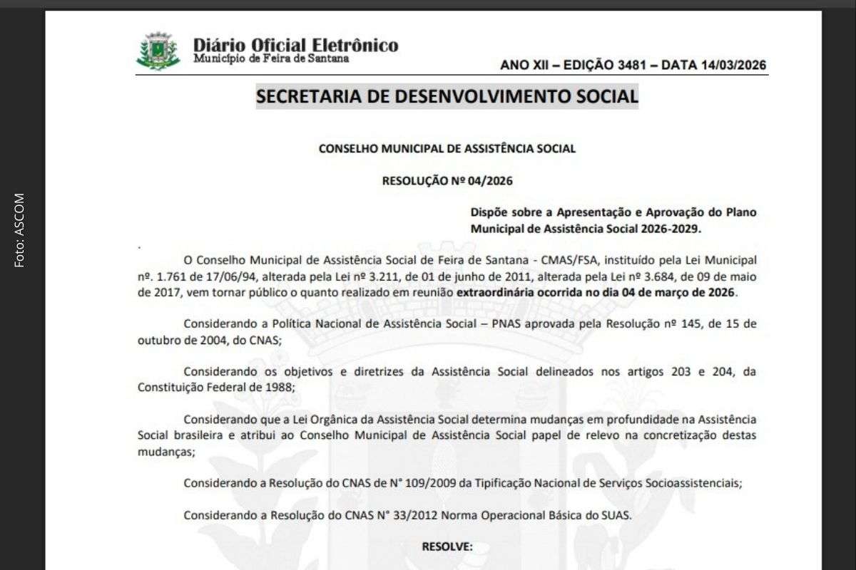 Resolução do CMAS estabelece estratégias para fortalecimento da rede socioassistencial e gestão do SUAS no município.
