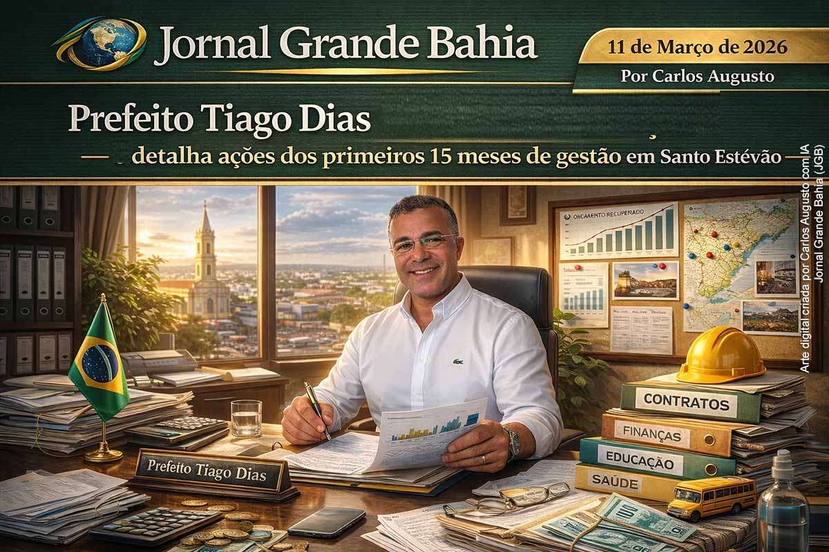 O prefeito Tiago Dias afirmou ter encontrado a Prefeitura de Santo Estêvão com finanças desorganizadas, contratos problemáticos e estruturas públicas precárias ao assumir em 2025. Em entrevista ao Jornal Grande Bahia, destacou ações de reorganização administrativa e medidas em infraestrutura, saúde, educação, transporte escolar e cultura. Segundo o gestor, os primeiros 15 meses foram marcados pela recuperação da capacidade operacional do município e pela retomada de serviços e eventos públicos.