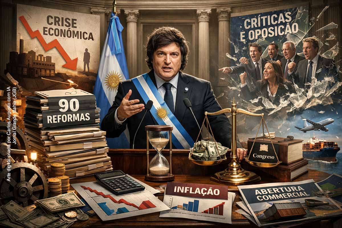 No domingo (01/03/2026), Javier Milei discursou no Congresso argentino por 1h42, prometeu enviar 90 pacotes de reformas estruturais, mas não detalhou medidas. Defendeu abertura econômica, elogiou a base parlamentar e criticou opositores. Indicadores mostram queda da inflação anual, porém com alta recente e crescimento restrito a poucos setores, enquanto emprego e consumo permanecem pressionados.