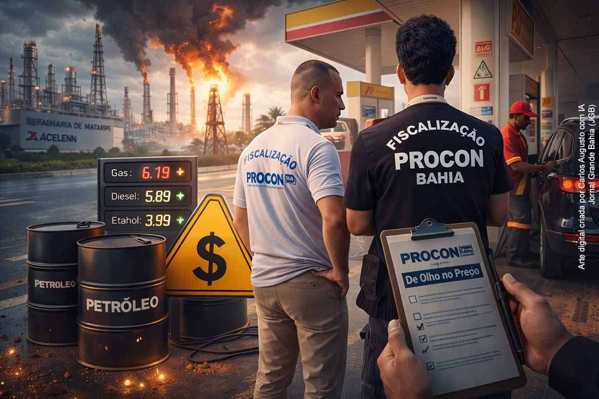 O Procon-BA iniciou, na quinta-feira (12/03/2026), a operação “De Olho no Preço” para monitorar possíveis aumentos abusivos nos combustíveis na Bahia. A ação inclui fiscalização em postos e notificação da Refinaria de Mataripe (Acelen) para apresentar documentos sobre a política de preços dos últimos 30 dias. A medida ocorre em meio à instabilidade do petróleo no mercado internacional e prevê sanções administrativas caso sejam identificadas irregularidades.