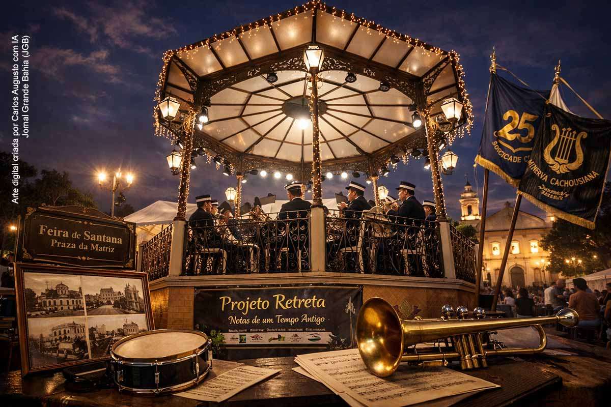 O Projeto Retreta, promovido pela Sociedade Filarmônica 25 de Março, terá sua segunda apresentação realizada no sábado (07/03/2026), às 19h, no coreto da Praça da Matriz, em Feira de Santana. O evento foi adiado devido às chuvas registradas no último fim de semana. A programação contará com participação da Filarmônica Minerva Cachoeirana, além da exposição fotográfica “Notas de um Tempo Antigo”, que resgata a memória histórica da cidade.