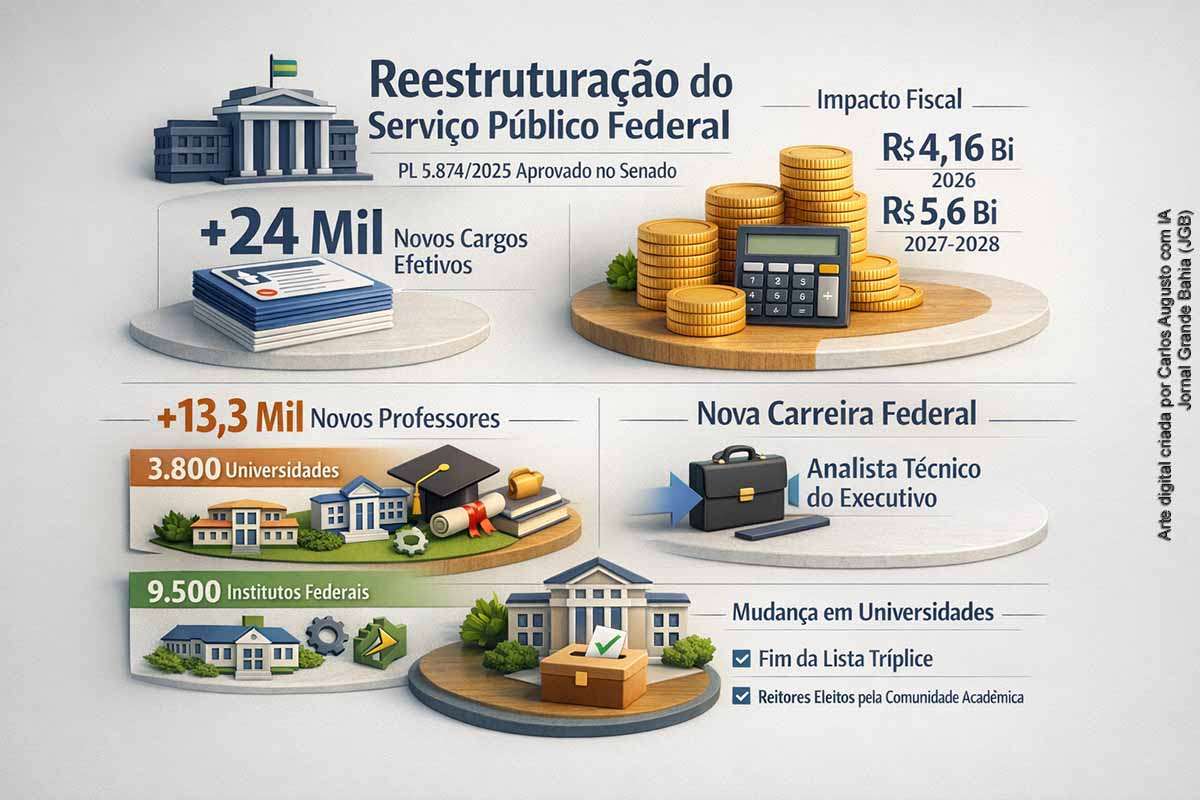 O Senado aprovou o PL 5.874/2025, que reestrutura carreiras do serviço público federal e cria mais de 24 mil cargos efetivos, incluindo cerca de 13 mil novos professores para universidades e institutos federais. A proposta também institui nova carreira administrativa, reajustes salariais, gratificações e mudanças na escolha de reitores. Segundo o governo, as medidas poderão beneficiar cerca de 270 mil servidores e gerar impacto fiscal estimado em R$ 4,16 bilhões em 2026.