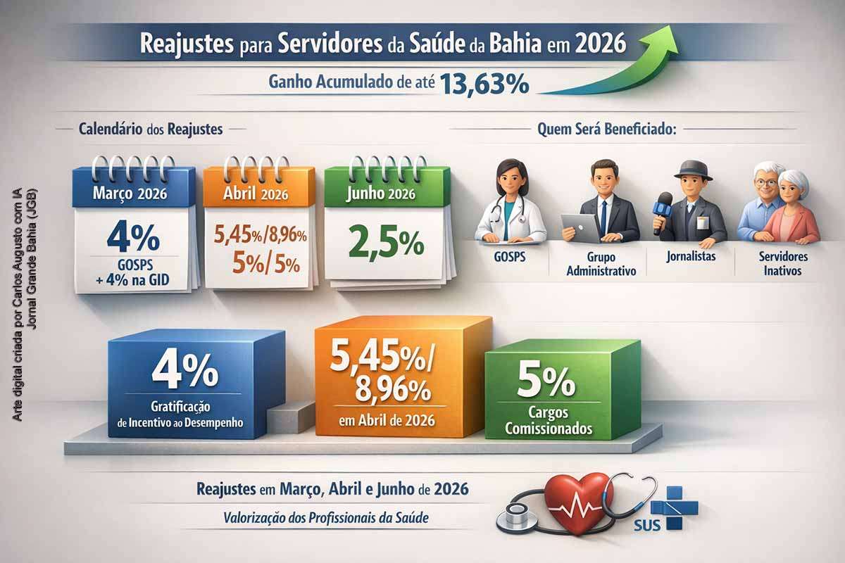 Salvador, segunda-feira (16/03/2026): Governo Jerônimo Rodrigues detalha novas parcelas de reajuste para servidores da saúde da Bahia, incluindo GOSPS, grupo administrativo e cargos comissionados.