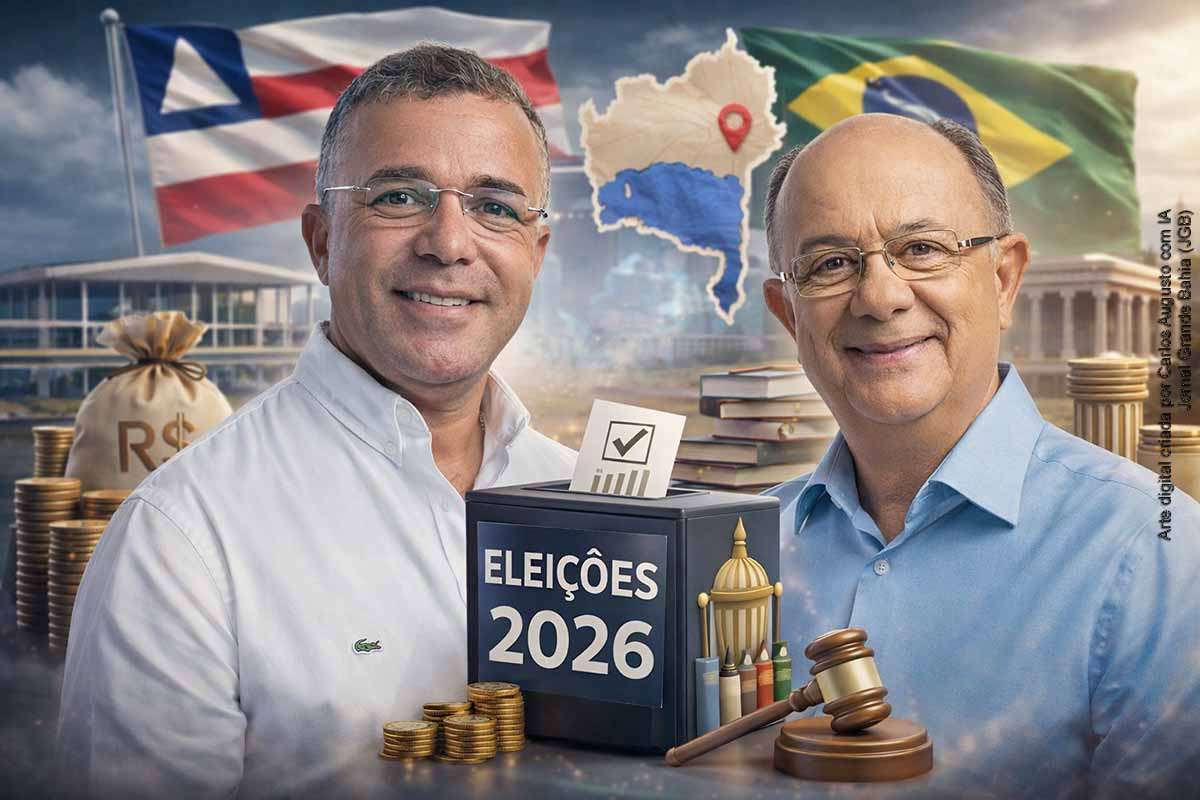 O prefeito Tiago Gomes Dias (Tiago da Central, União Brasil) durante entrevista ao jornalista Carlos Augusto, editor do Jornal Grande Bahia, mediada por Matheus Pinheiro, diretor estadual do União Brasil Jovem, com a presença do jornalista Joilton Freitas, secretário de Comunicação de Feira de Santana.