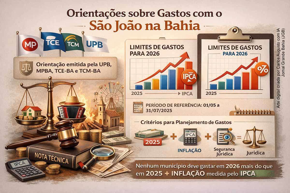 UPB, MPBA, TCE-BA e TCM-BA assinaram nota técnica com orientações para as contratações do São João 2026 na Bahia. O documento recomenda que os municípios limitem os gastos ao valor investido em 2025, atualizado pelo IPCA, buscando transparência, responsabilidade fiscal e segurança jurídica. Uma cartilha técnica detalha metodologia de cálculo e parâmetros legais para aplicação das diretrizes nos 417 municípios baianos.