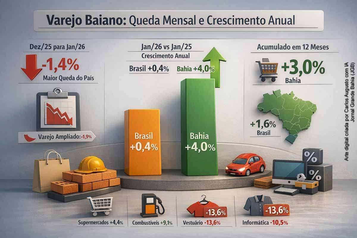 As vendas do varejo baiano caíram 1,4% entre dezembro de 2025 e janeiro de 2026, registrando a maior retração do país, segundo o IBGE. Apesar disso, o setor avançou 4,0% frente a janeiro de 2025 e acumula alta de 3,0% em 12 meses. Supermercados e combustíveis sustentaram o resultado positivo, enquanto vestuário, informática, veículos e material de construção pressionaram o desempenho para baixo.