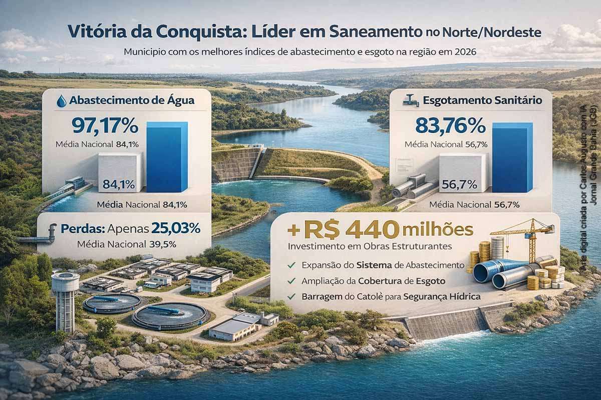 Vitória da Conquista lidera o Ranking do Saneamento 2026 no Norte e Nordeste, com cobertura de água e esgoto acima da média nacional e baixos índices de perdas. O município mantém investimentos relevantes em infraestrutura, incluindo expansão do sistema de abastecimento, obras de esgotamento e a construção da barragem do Catolé. O desempenho destaca eficiência técnica, mas também evidencia desafios estruturais ainda presentes no saneamento brasileiro.