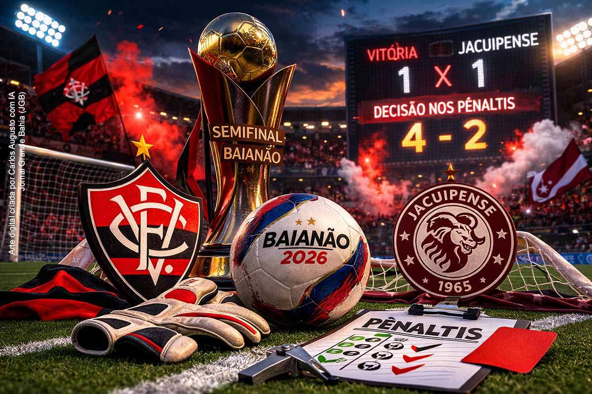 Salvador (BA), domingo (01/03/2026) — O Vitória garantiu vaga na final do Campeonato Baiano 2026 ao vencer o Jacuipense por 4 a 2 nos pênaltis, após empate em 1 a 1 no tempo regulamentar, no Estádio Manoel Barradas. Em semifinal disputada em jogo único, o Rubro-Negro abriu o placar no início da partida, sofreu o empate na etapa final e contou com atuação decisiva do goleiro nas penalidades para confirmar a classificação e assegurar um Ba-Vi na decisão estadual.