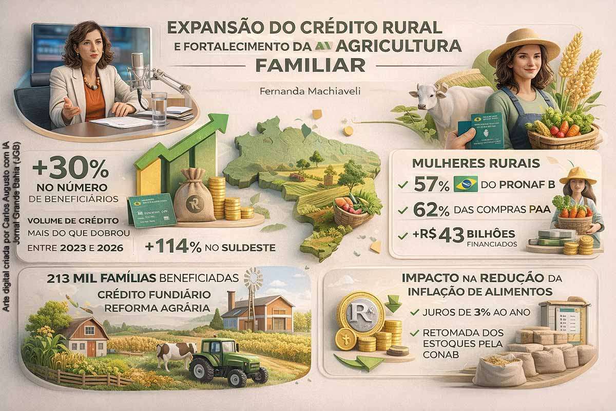 O Governo Federal ampliou o crédito rural e reforçou políticas estruturantes para a agricultura familiar, com crescimento superior a 30% no número de beneficiários e duplicação do volume financiado. As ações incluem apoio à produção, acesso à terra e incentivo à participação feminina, que já representa maioria em linhas de crédito específicas. As medidas também foram associadas à redução da inflação de alimentos e maior estabilidade de preços no país.