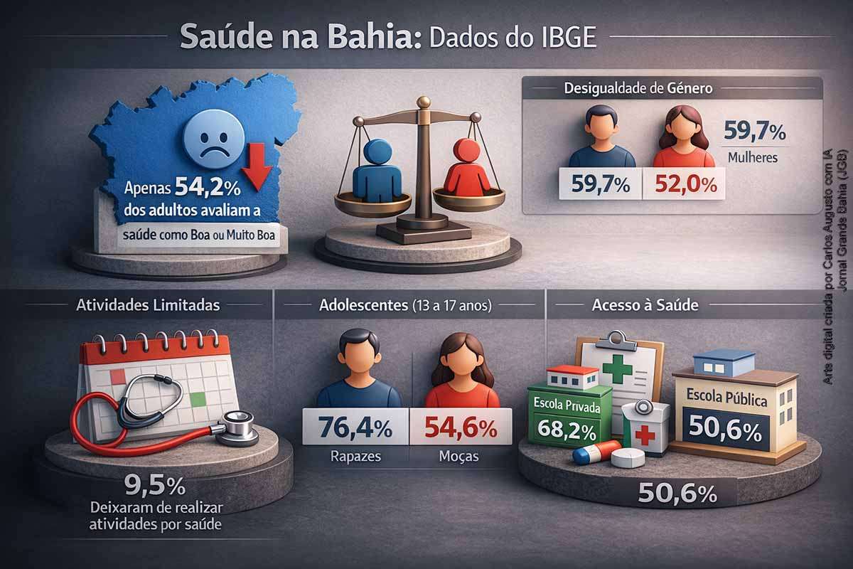 Dados do IBGE mostram que a Bahia apresenta uma das piores autoavaliações de saúde do Brasil, com apenas 54,2% dos adultos classificando sua saúde como boa ou muito boa. As desigualdades de gênero são evidentes, com mulheres mais afetadas por problemas de saúde. Entre adolescentes, a percepção é melhor, mas ainda marcada por diferenças entre sexos e redes de ensino. O acesso a serviços médicos também revela disparidades relevantes.