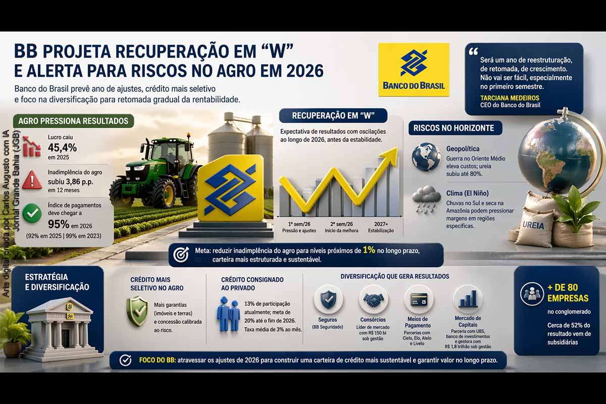 O Banco do Brasil projeta recuperação econômica em “W” para 2026, com oscilações nos resultados e pressão da inadimplência no agronegócio. Após queda de 45,4% no lucro em 2025, a instituição adota crédito mais seletivo e reforça garantias. Fatores como guerra no Oriente Médio e El Niño ampliam riscos. O banco aposta na diversificação de receitas e no crédito consignado para sustentar a retomada gradual da rentabilidade.