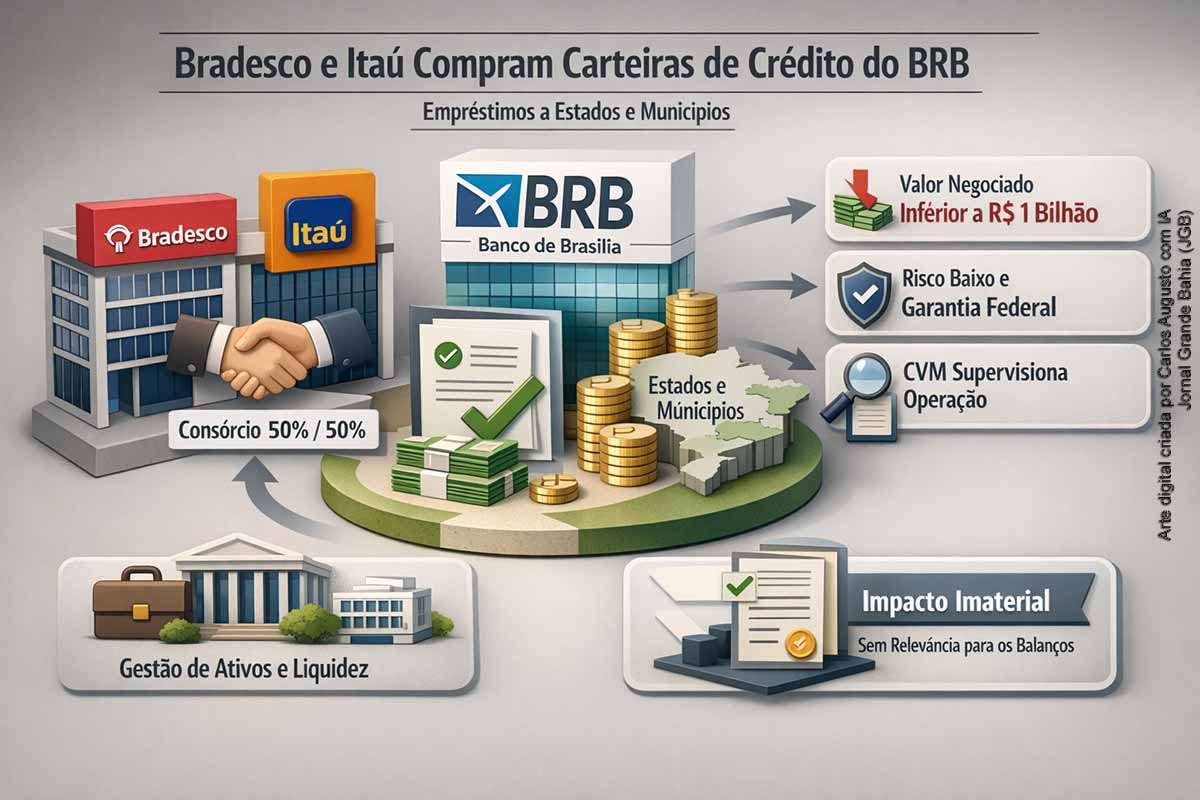 Bradesco e Itaú confirmaram a aquisição, em consórcio, de carteiras de empréstimos do BRB destinadas a estados e municípios, após questionamentos da CVM. Embora a operação exista, os bancos afirmam que o valor é inferior ao divulgado pela imprensa e não possui materialidade suficiente para ser considerado fato relevante. O movimento reflete estratégia de gestão de ativos e reforça a atuação regulatória sobre transparência no mercado financeiro.
