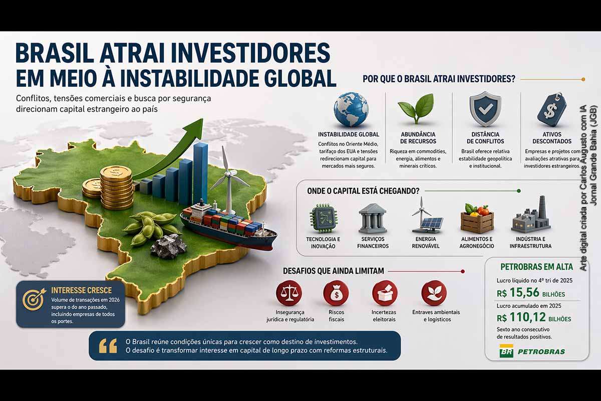 O Brasil tem atraído investidores estrangeiros em meio à instabilidade global, impulsionado por recursos naturais, ativos descontados e distância de conflitos internacionais. O aumento das transações em setores como energia, tecnologia e alimentos confirma essa tendência. No entanto, riscos fiscais, insegurança jurídica e entraves regulatórios ainda limitam o volume de capital. O país mantém potencial elevado, mas depende de reformas estruturais para consolidar sua posição no cenário internacional.